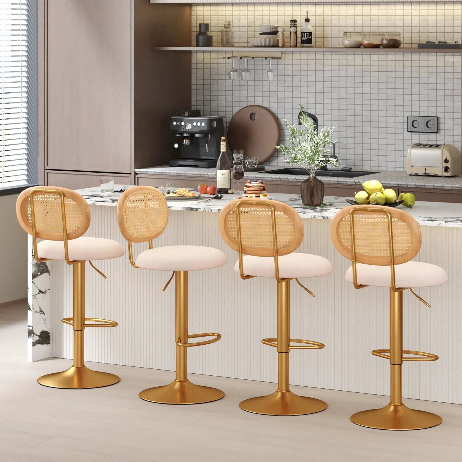 2 Pieces Bar Chairs with PE Rattan Backrest-360°Swivel and Height Adjustable by DirectDeals