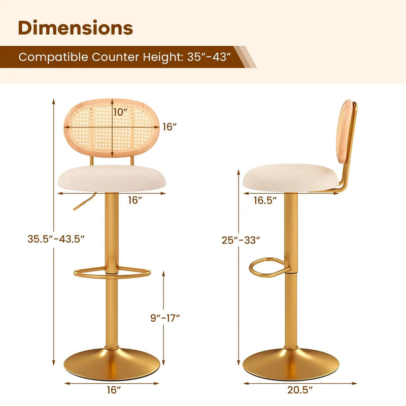 2 Pieces Bar Chairs with PE Rattan Backrest-360°Swivel and Height Adjustable by DirectDeals