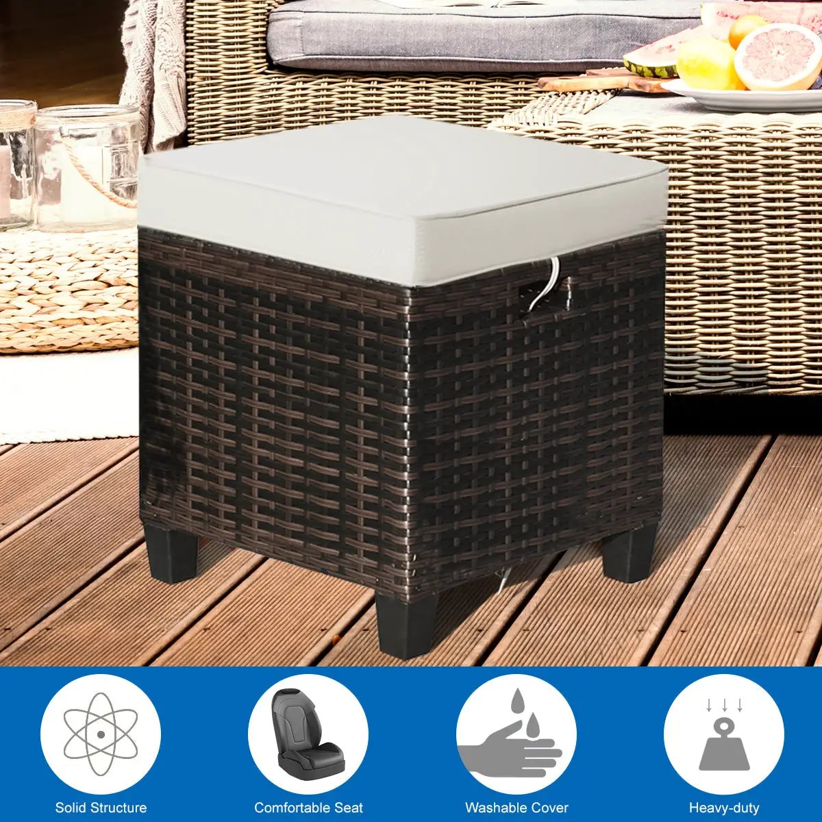 2 Pieces Patio Rattan Ottoman Set with Removable Cushions by DirectDeals