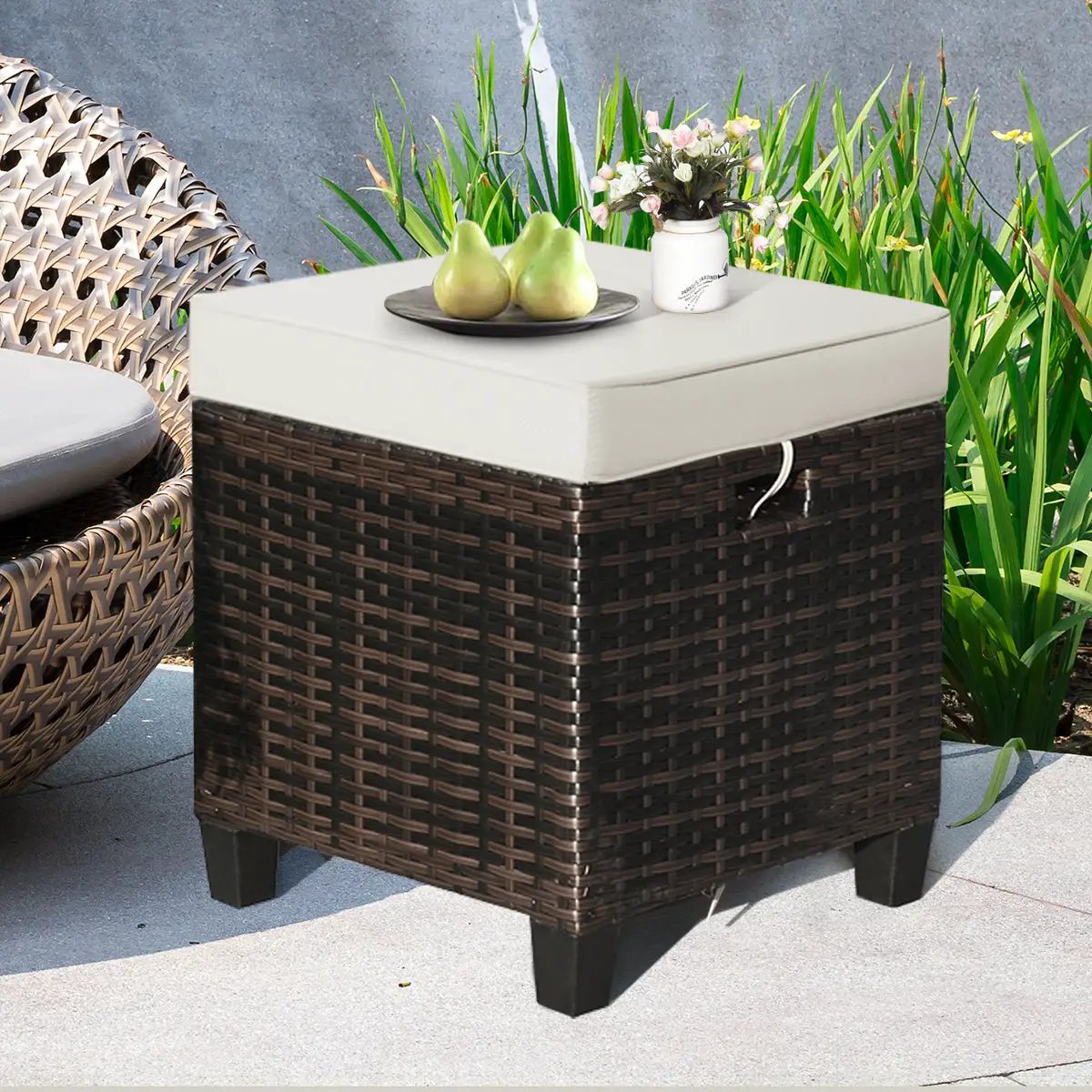 2 Pieces Patio Rattan Ottoman Set with Removable Cushions by DirectDeals