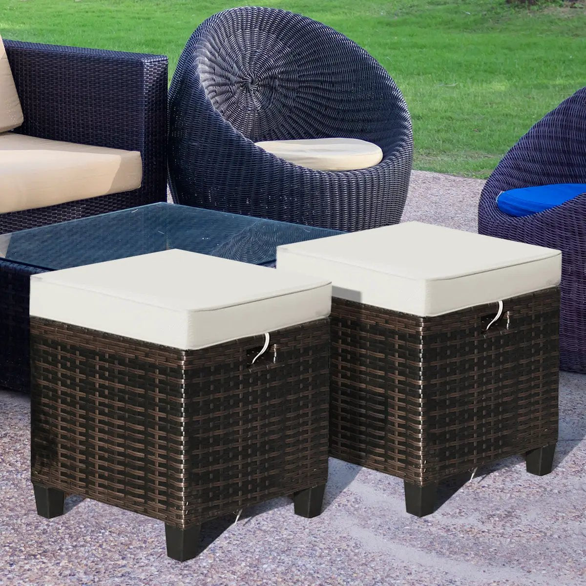 2 Pieces Patio Rattan Ottoman Set with Removable Cushions by DirectDeals