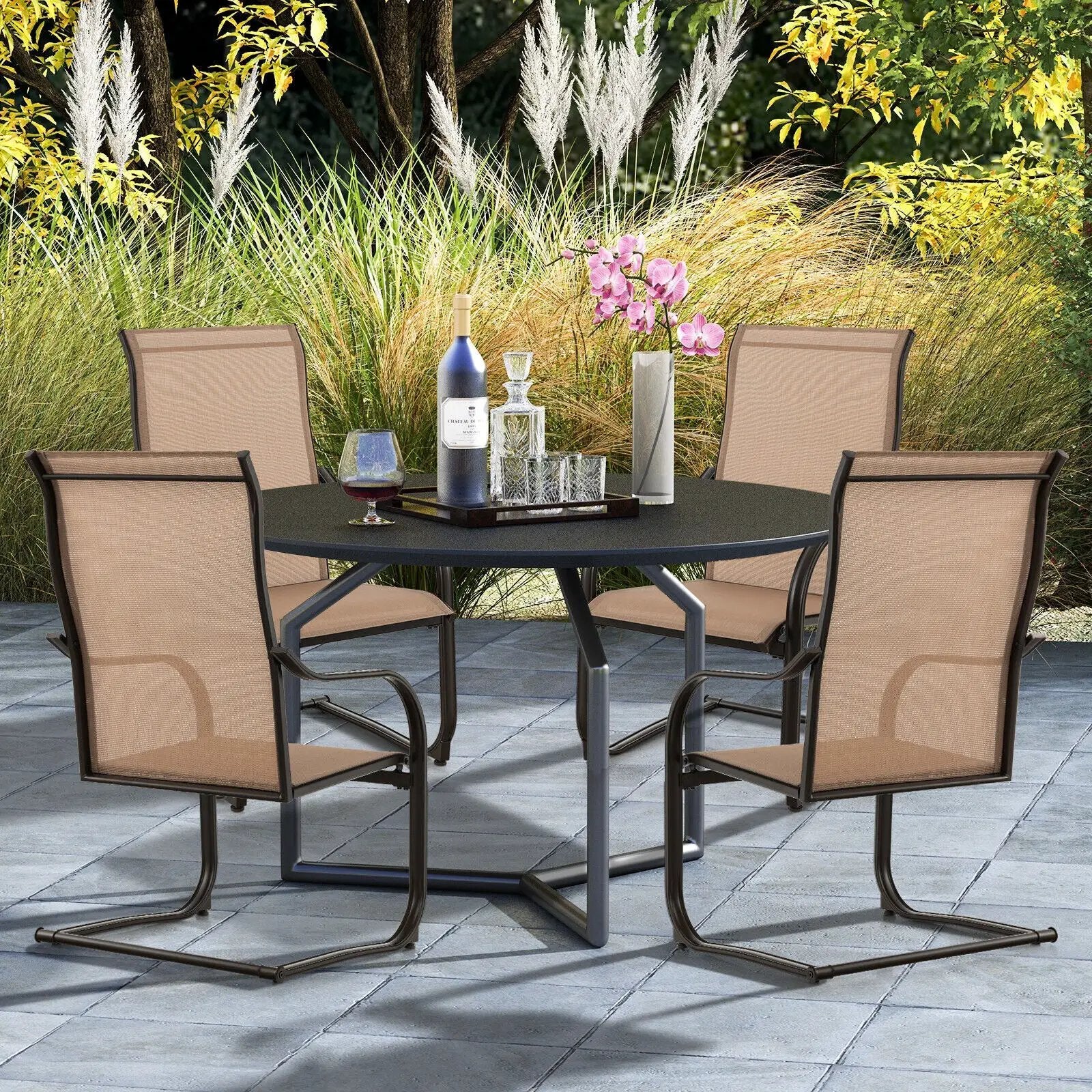 2 Pieces C-Spring Motion Patio Dining Chairs with Breathable Fabric-Brown by DirectDeals