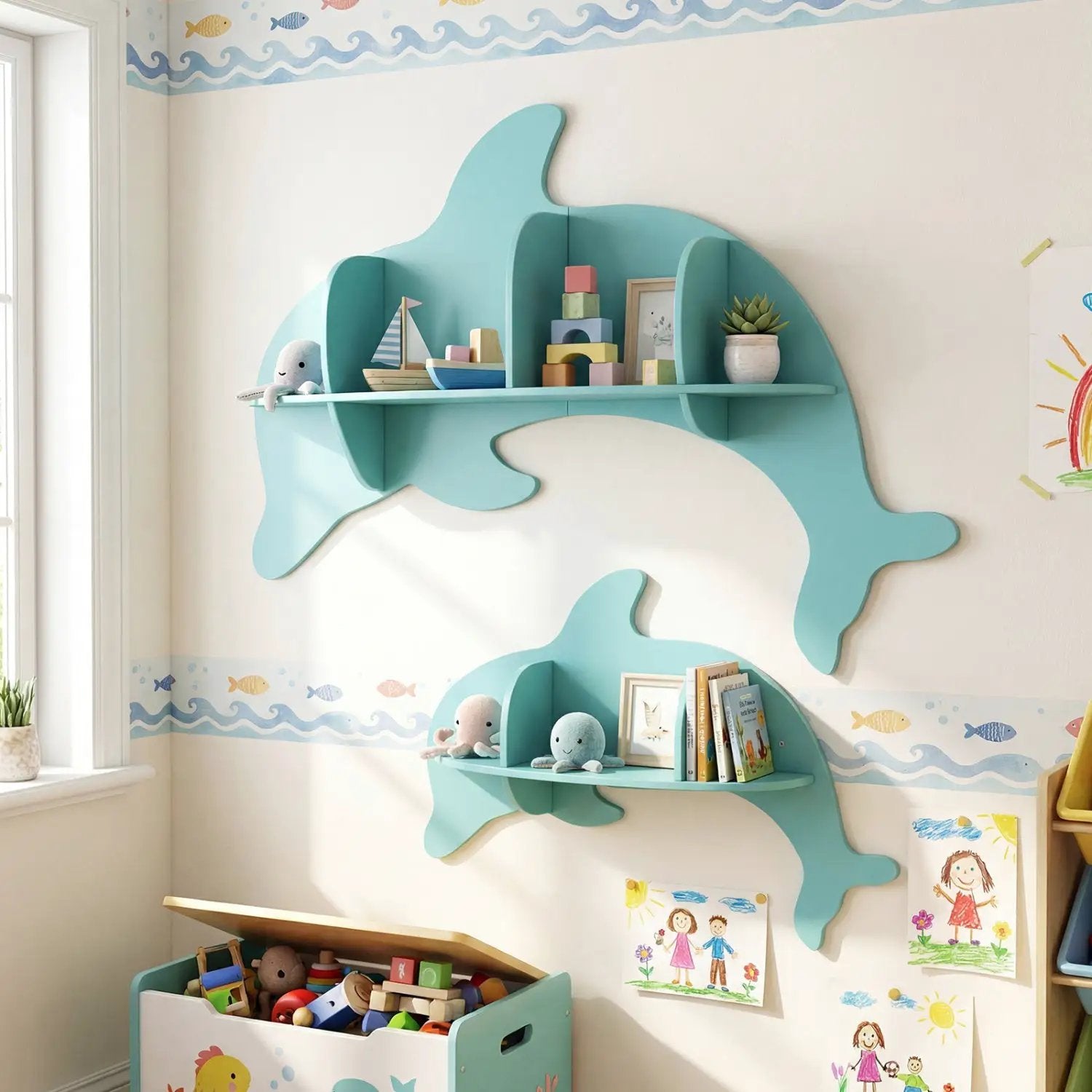 2 Pieces Floating Dolphin Shelves Wall Mounted Storage Display Rack by DirectDeals