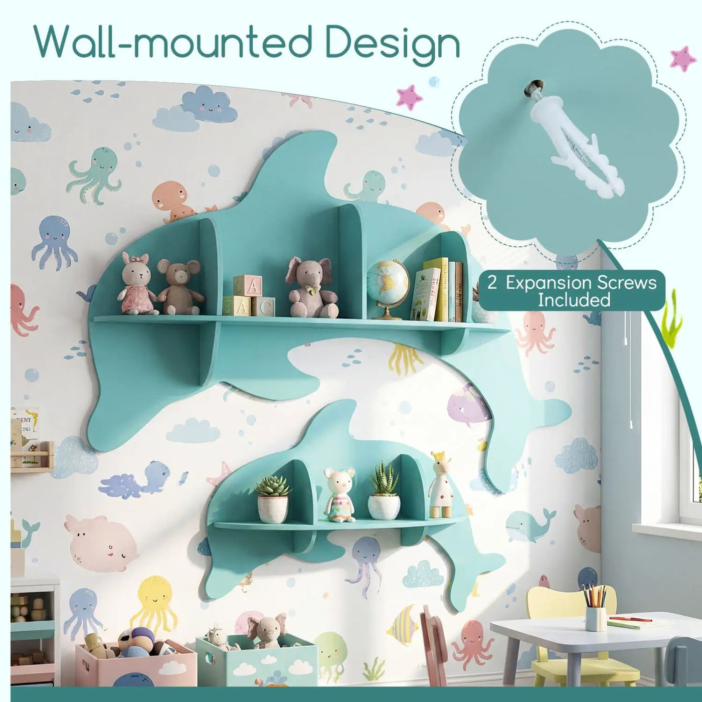 2 Pieces Floating Dolphin Shelves Wall Mounted Storage Display Rack by DirectDeals