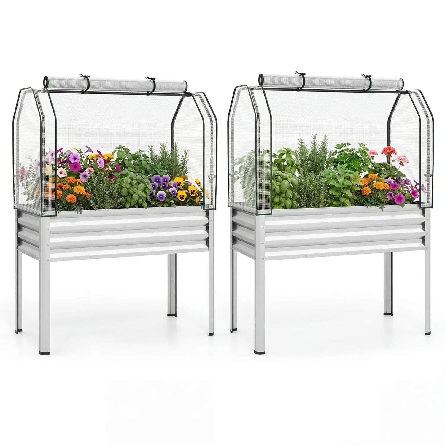 2 Pieces Galvanized Raised Garden Bed with Legs and Greenhouse Cover for Vegetable Flower by DirectDeals