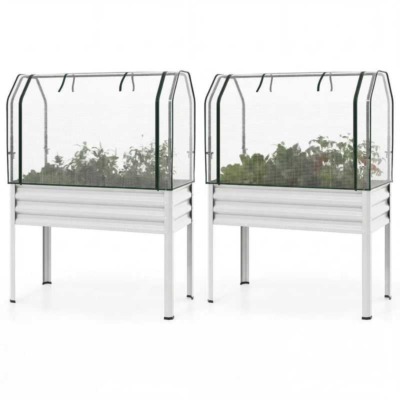 2 Pieces Galvanized Raised Garden Bed with Legs and Greenhouse Cover for Vegetable Flower by DirectDeals