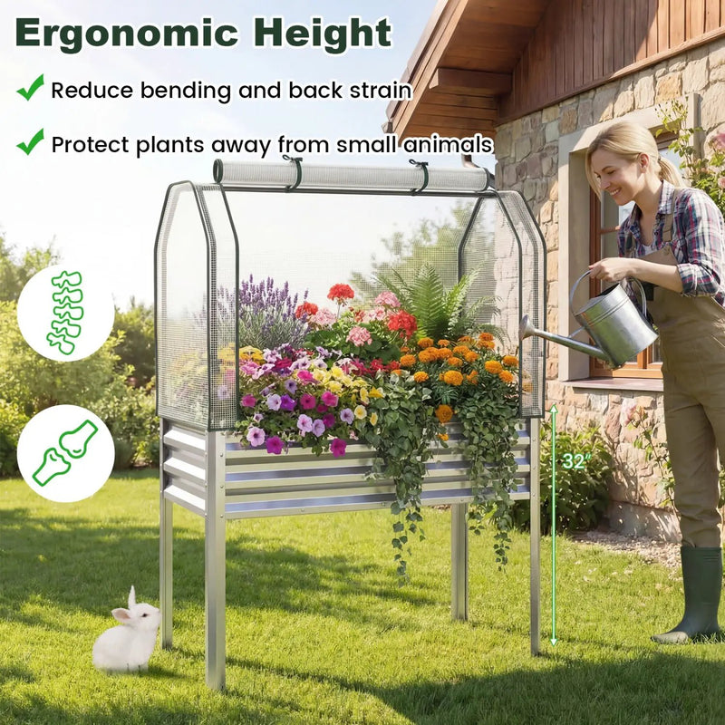 2 Pieces Galvanized Raised Garden Bed with Legs and Greenhouse Cover for Vegetable Flower by DirectDeals