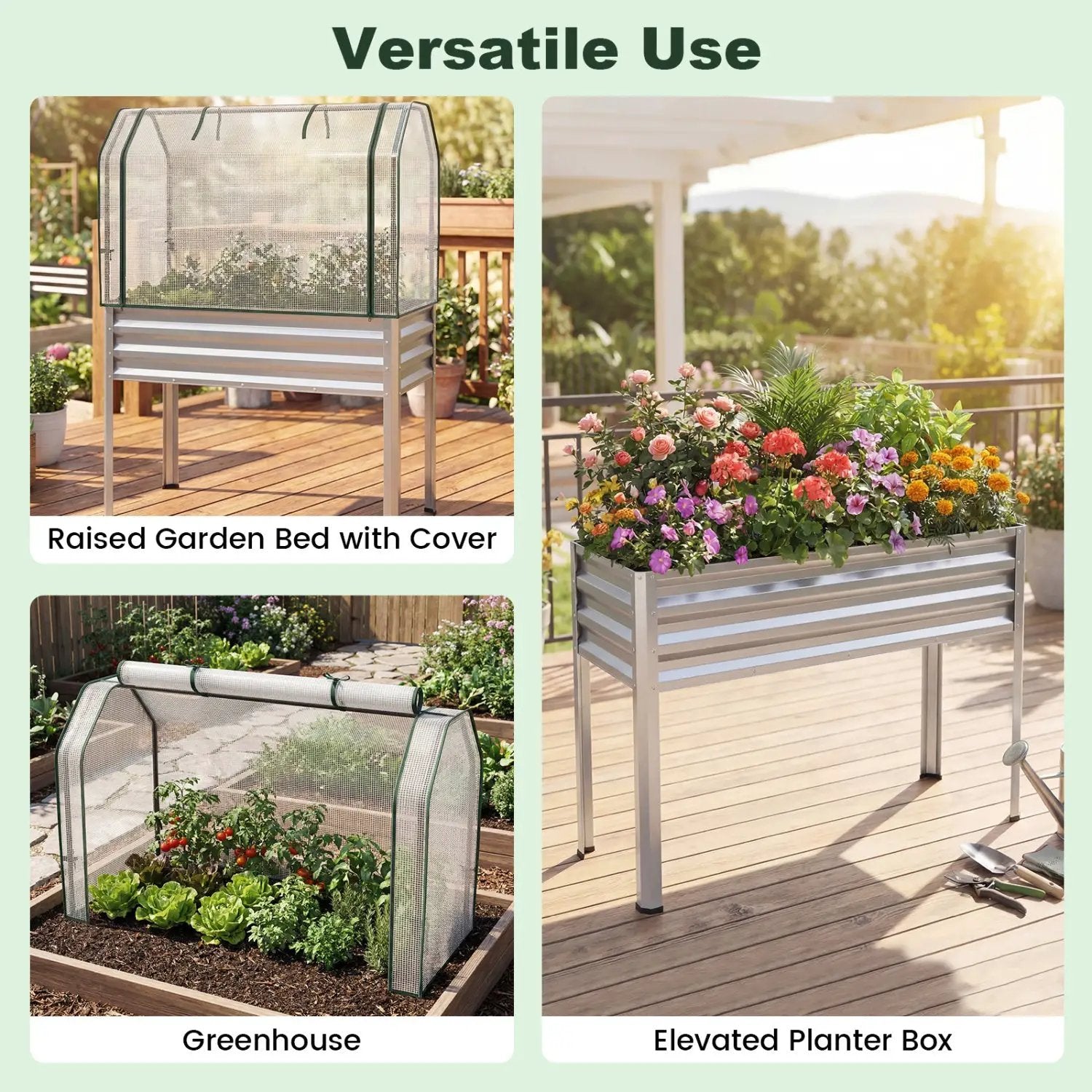 2 Pieces Galvanized Raised Garden Bed with Legs and Greenhouse Cover for Vegetable Flower by DirectDeals