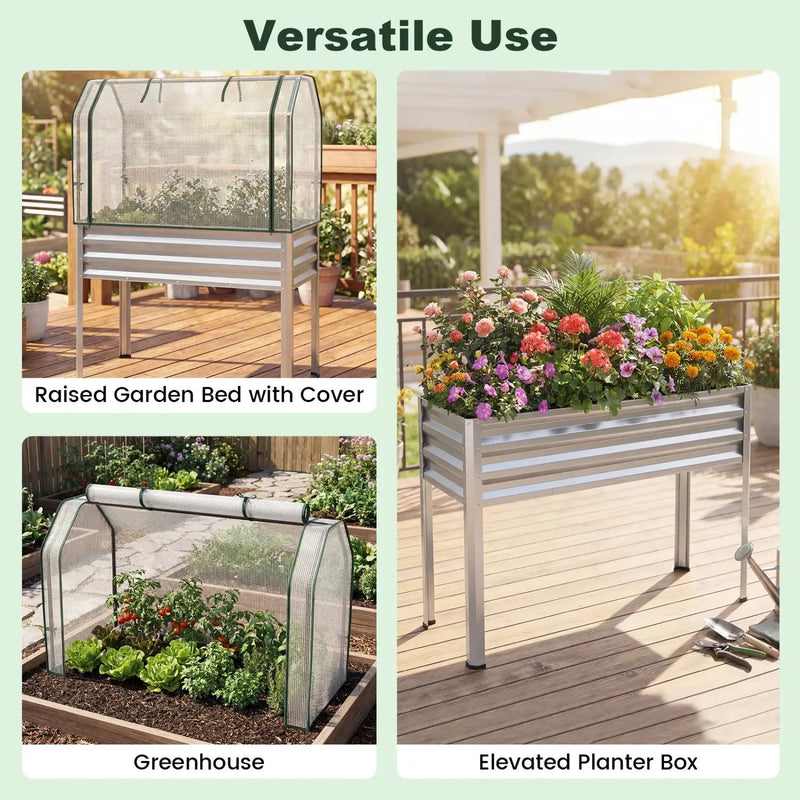 2 Pieces Galvanized Raised Garden Bed with Legs and Greenhouse Cover for Vegetable Flower by DirectDeals
