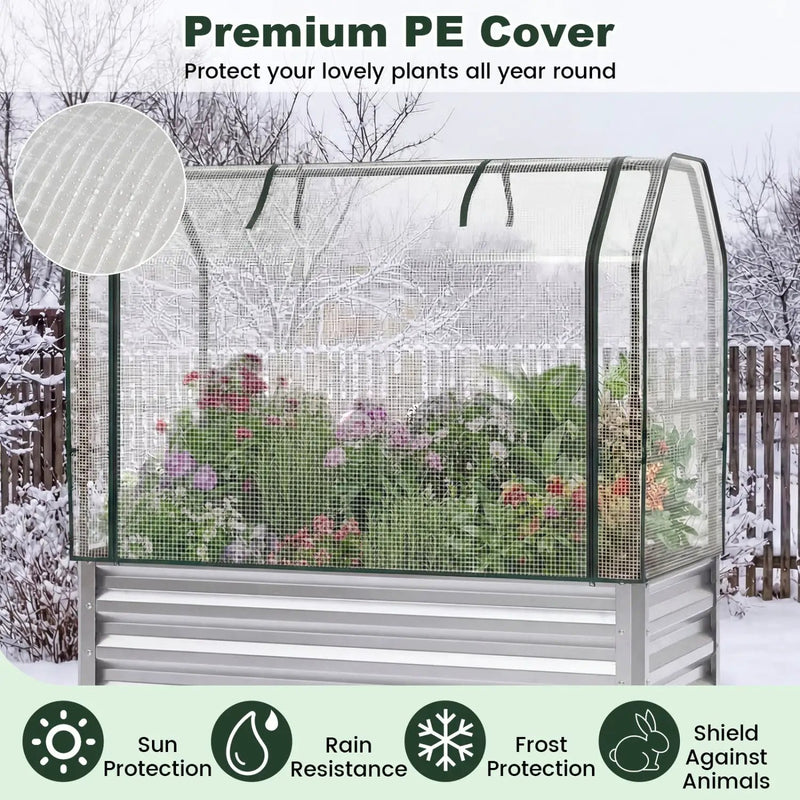 2 Pieces Galvanized Raised Garden Bed with Legs and Greenhouse Cover for Vegetable Flower by DirectDeals
