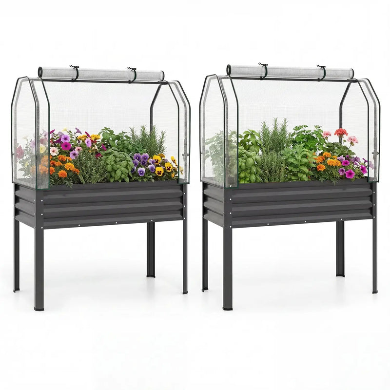 2 Pieces Galvanized Raised Garden Bed with Legs and Greenhouse Cover for Vegetable Flower by DirectDeals