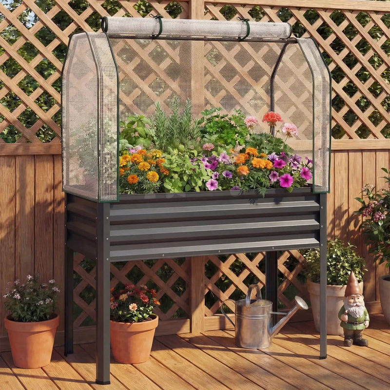 2 Pieces Galvanized Raised Garden Bed with Legs and Greenhouse Cover for Vegetable Flower by DirectDeals
