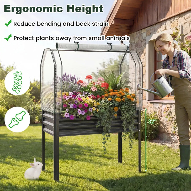 2 Pieces Galvanized Raised Garden Bed with Legs and Greenhouse Cover for Vegetable Flower by DirectDeals