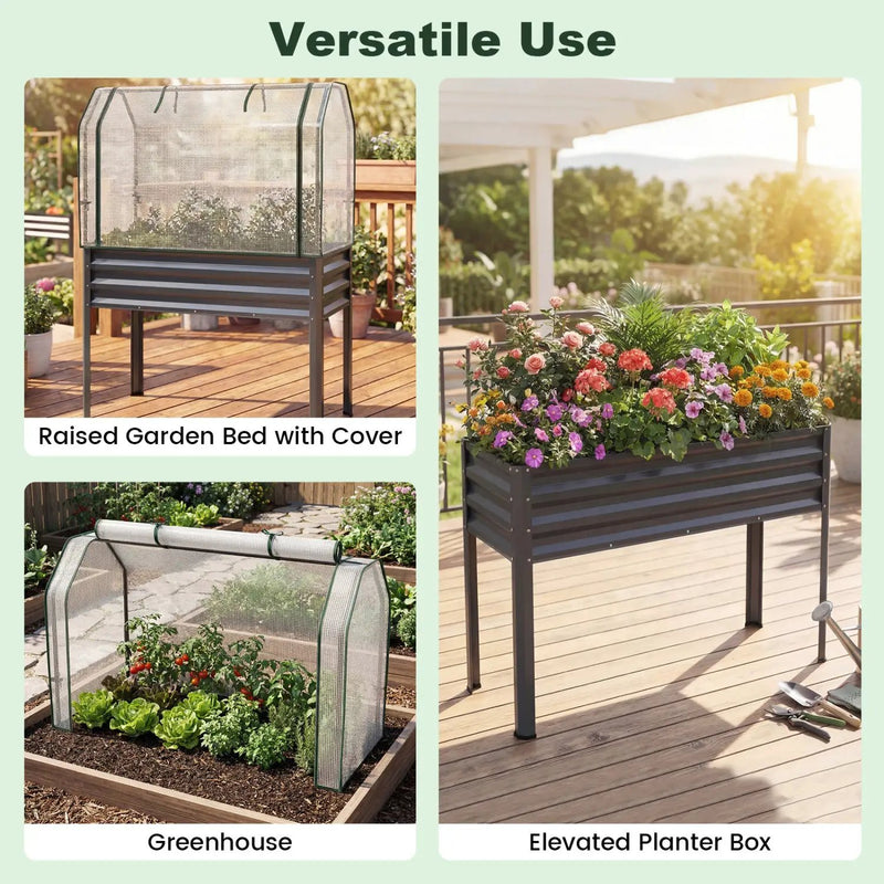 2 Pieces Galvanized Raised Garden Bed with Legs and Greenhouse Cover for Vegetable Flower by DirectDeals
