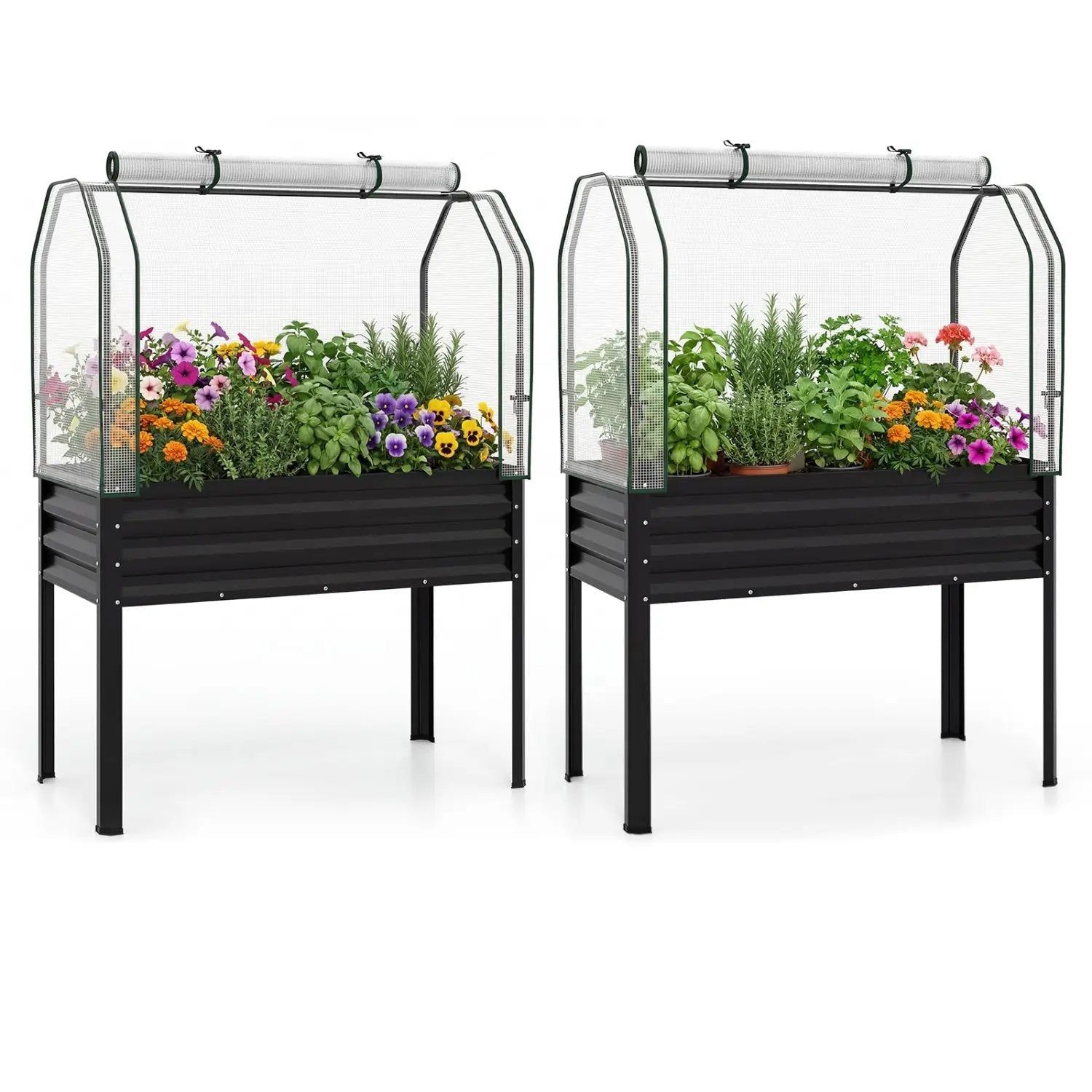 2 Pieces Galvanized Raised Garden Bed with Legs and Greenhouse Cover for Vegetable Flower by DirectDeals