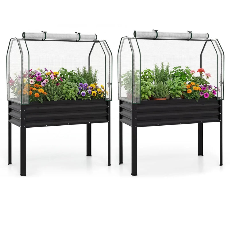 2 Pieces Galvanized Raised Garden Bed with Legs and Greenhouse Cover for Vegetable Flower by DirectDeals
