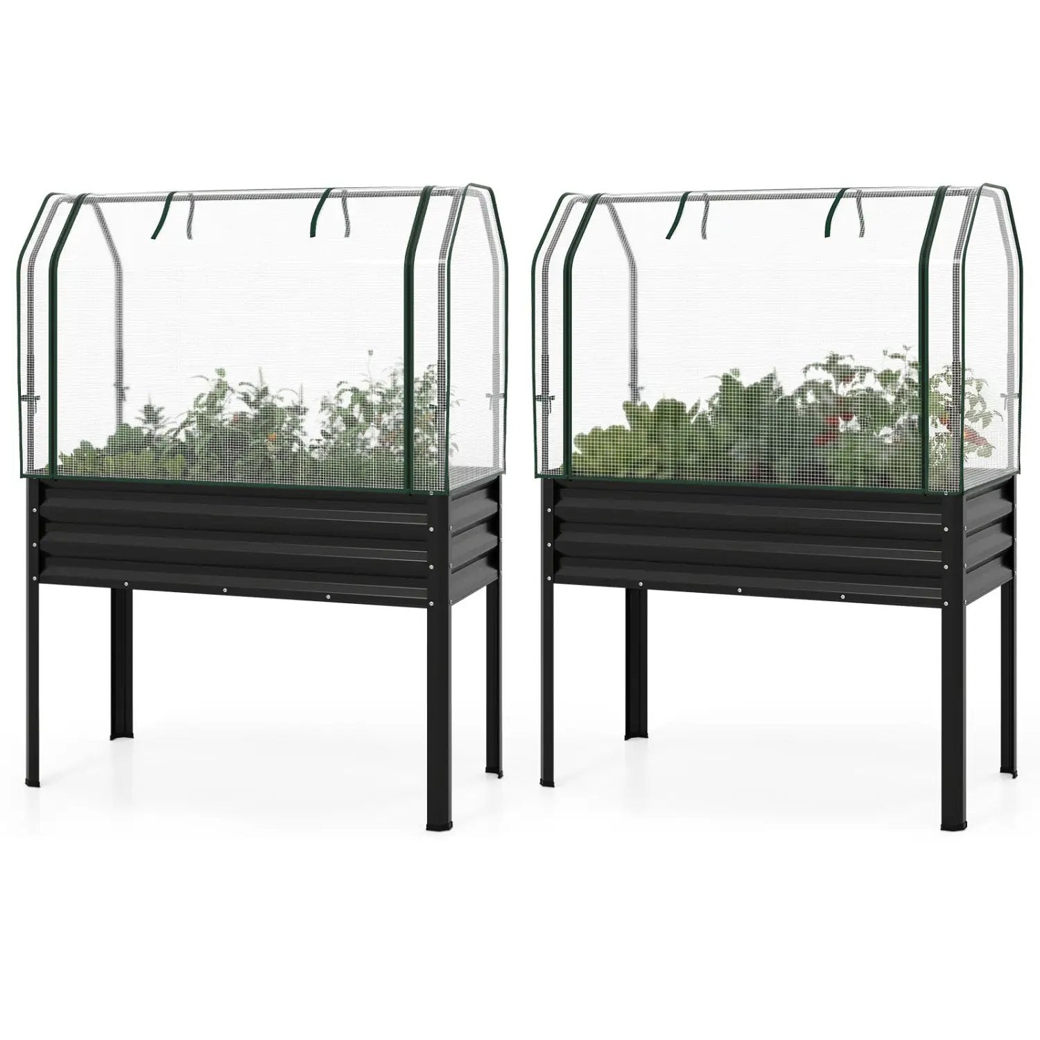 2 Pieces Galvanized Raised Garden Bed with Legs and Greenhouse Cover for Vegetable Flower by DirectDeals
