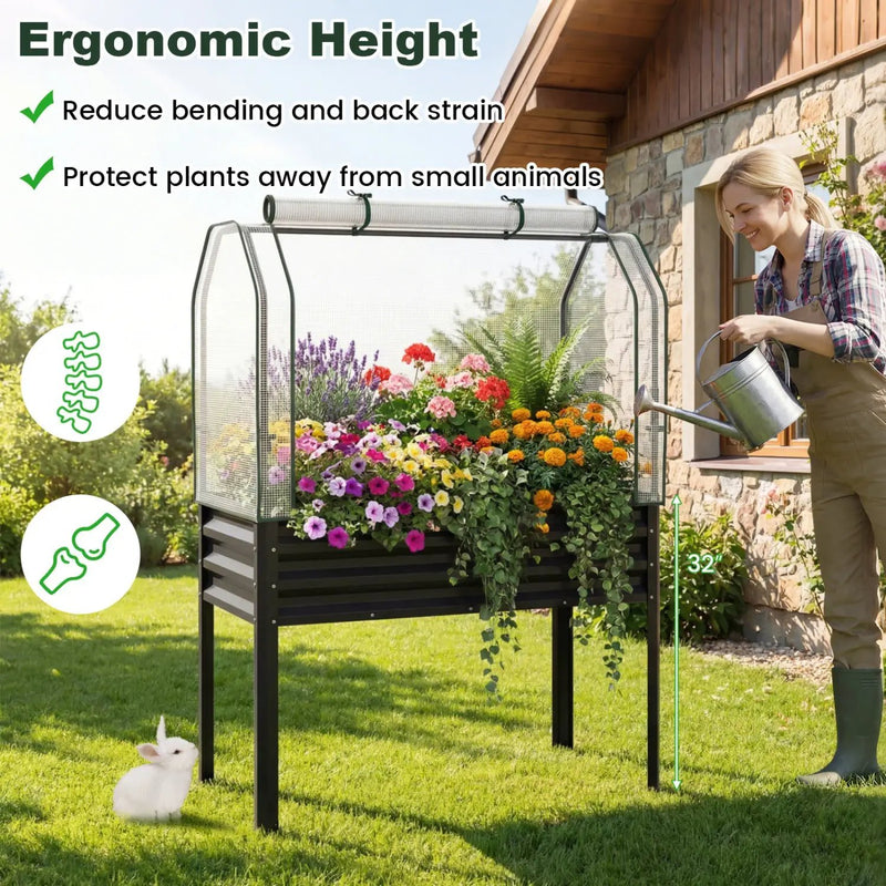 2 Pieces Galvanized Raised Garden Bed with Legs and Greenhouse Cover for Vegetable Flower by DirectDeals