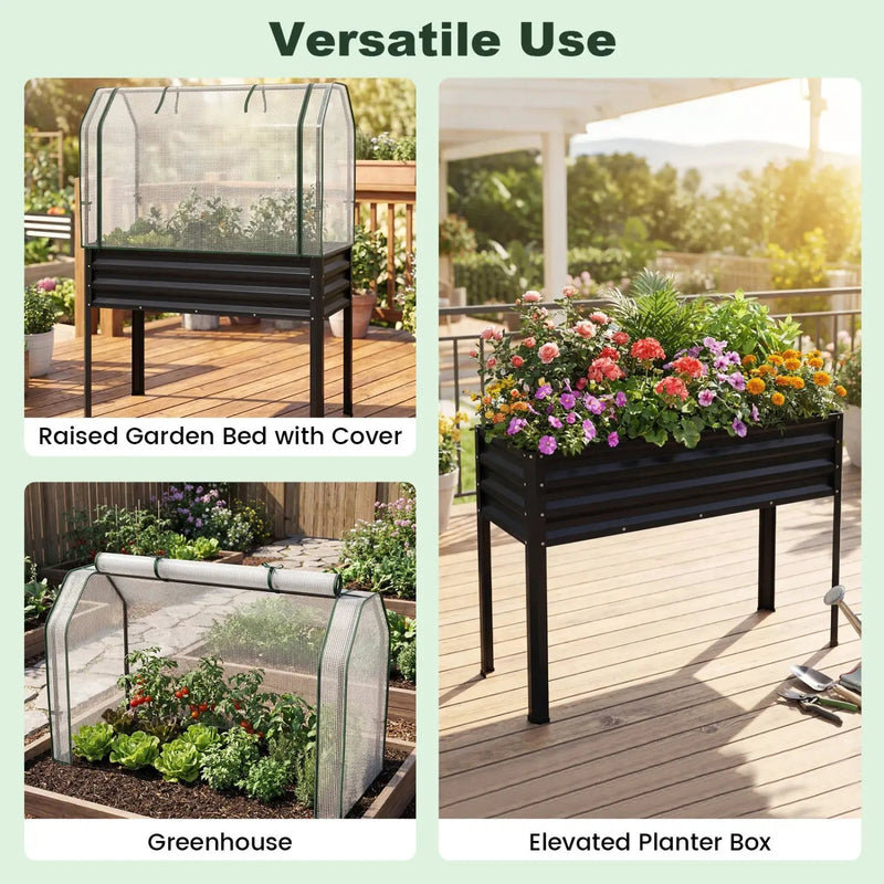 2 Pieces Galvanized Raised Garden Bed with Legs and Greenhouse Cover for Vegetable Flower by DirectDeals
