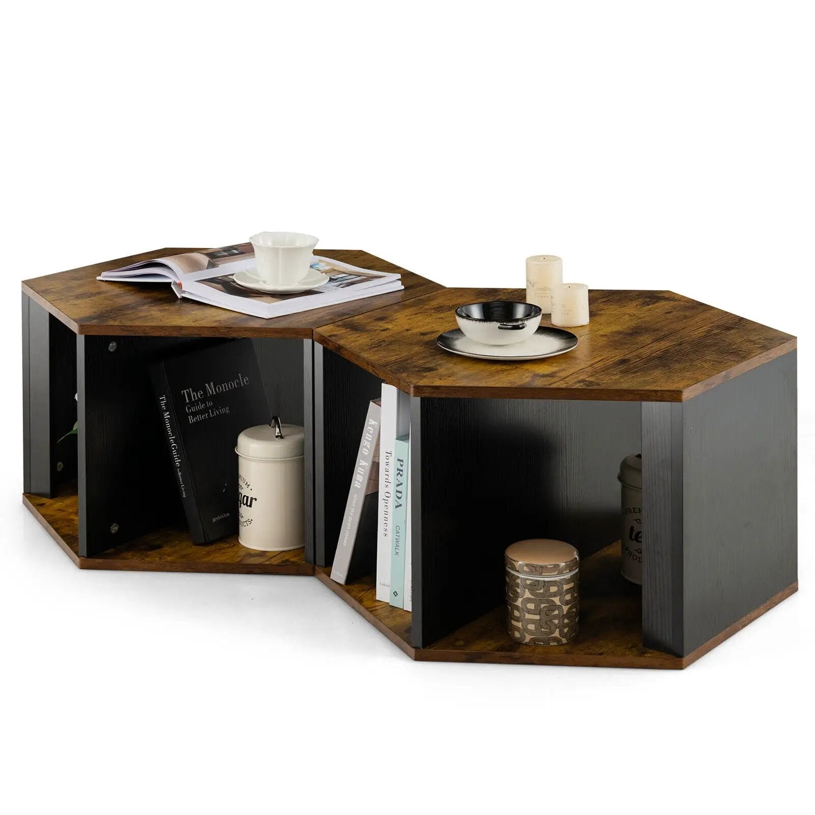 2 Pieces Hexagonal Side End Table for Living Office Coffee Room-Coffee by DirectDeals