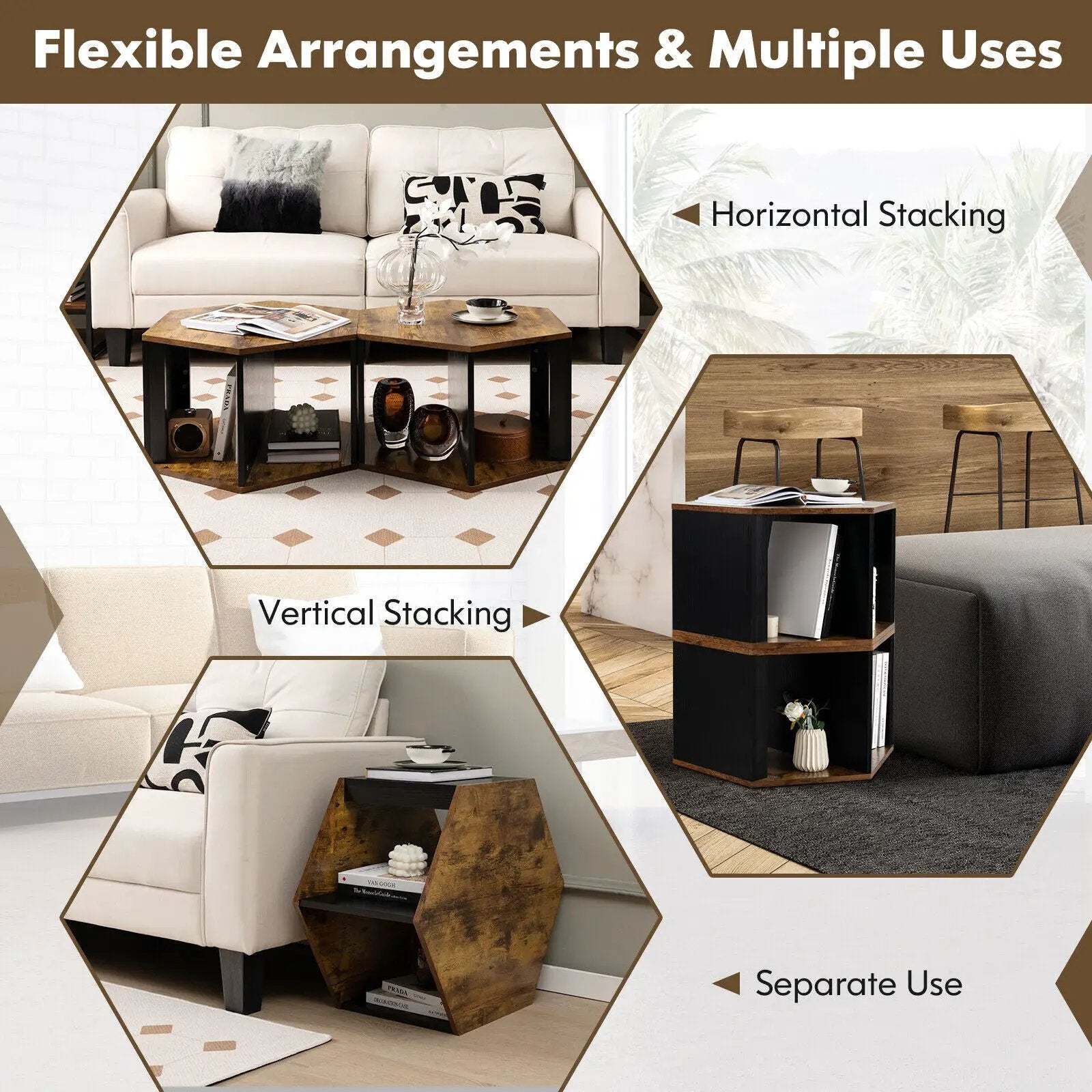 2 Pieces Hexagonal Side End Table for Living Office Coffee Room-Coffee by DirectDeals