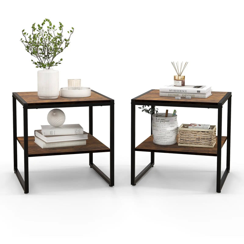 2 Pieces Industrial 2-Tier Side Table Set with Open Shelf-Rustic Brown by DirectDeals