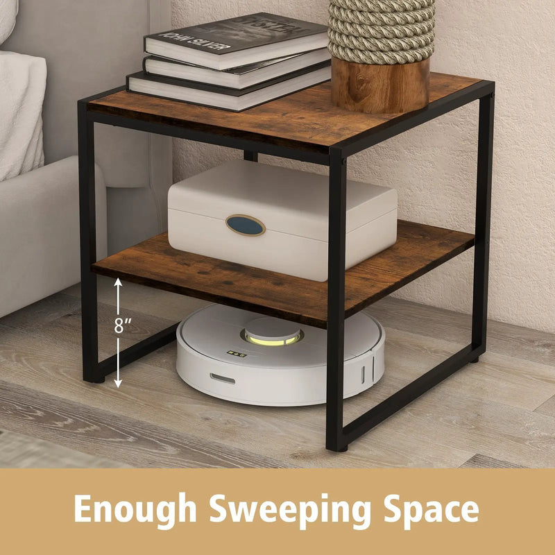 2 Pieces Industrial 2-Tier Side Table Set with Open Shelf-Rustic Brown by DirectDeals