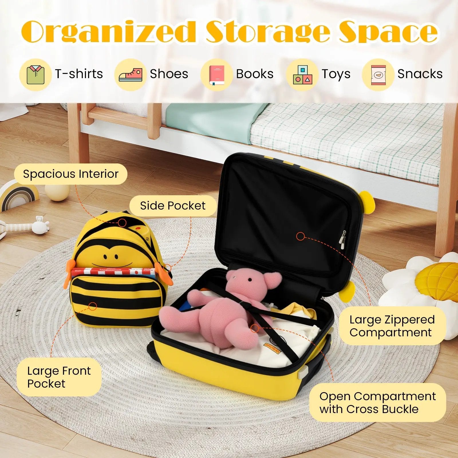 2 Pieces Kids Luggage Set on Wheels with Anti-Lose Rope and Retractable Rod-Yellow by DirectDeals