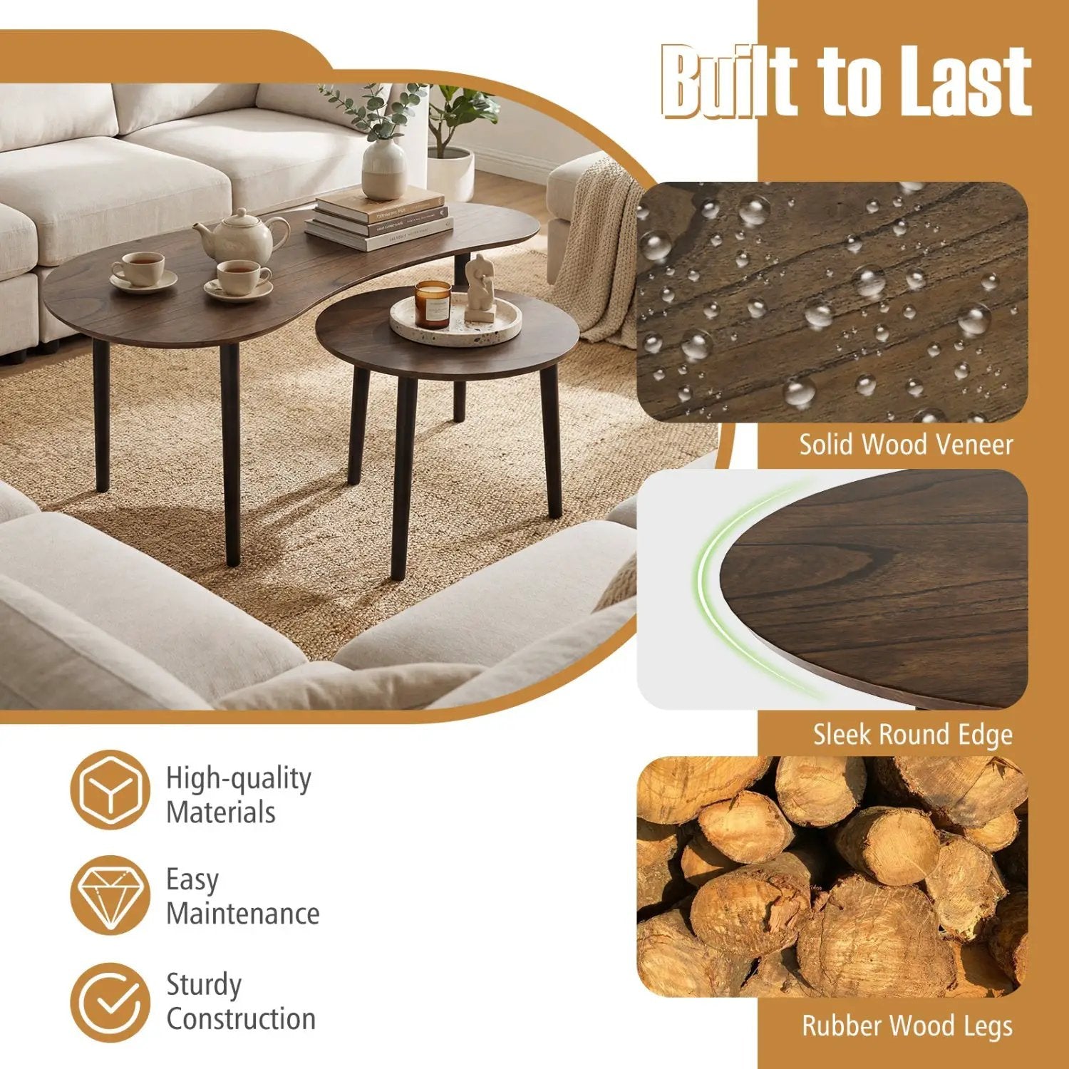 2 Pieces Mid Century Nesting Tables with Rubber Wood Legs-Walnut by DirectDeals