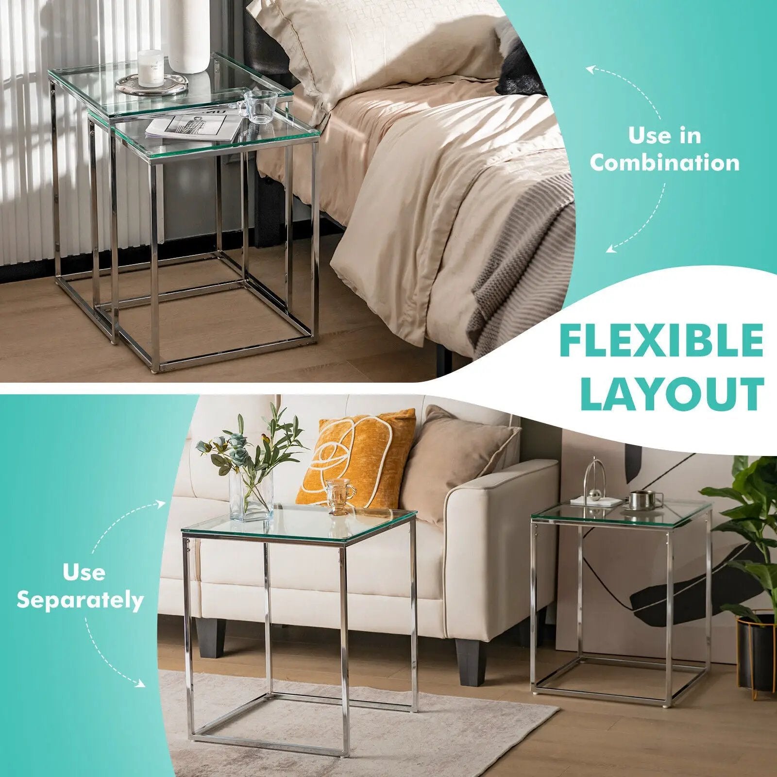 2 Pieces Modern Nesting Coffee Table with Tempered Glass Top and Steel Frame-Sliver by DirectDeals