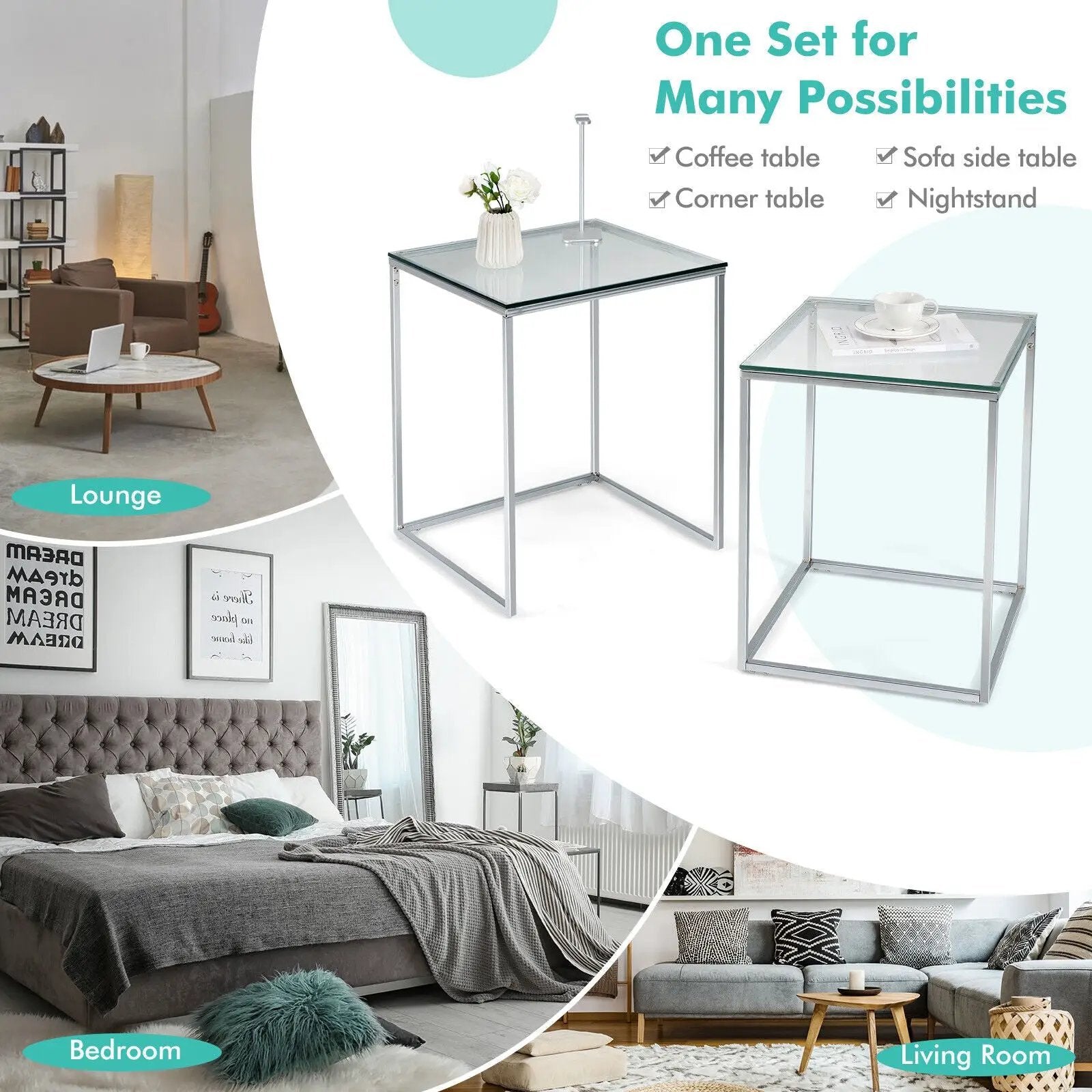 2 Pieces Modern Nesting Coffee Table with Tempered Glass Top and Steel Frame-Sliver by DirectDeals