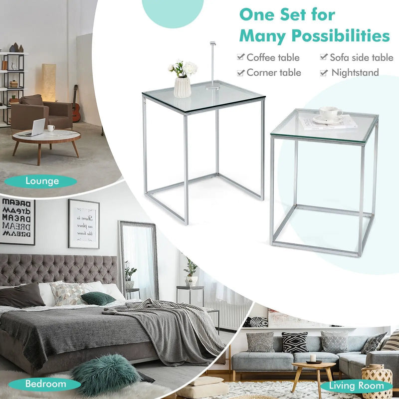 2 Pieces Modern Nesting Coffee Table with Tempered Glass Top and Steel Frame-Sliver by DirectDeals