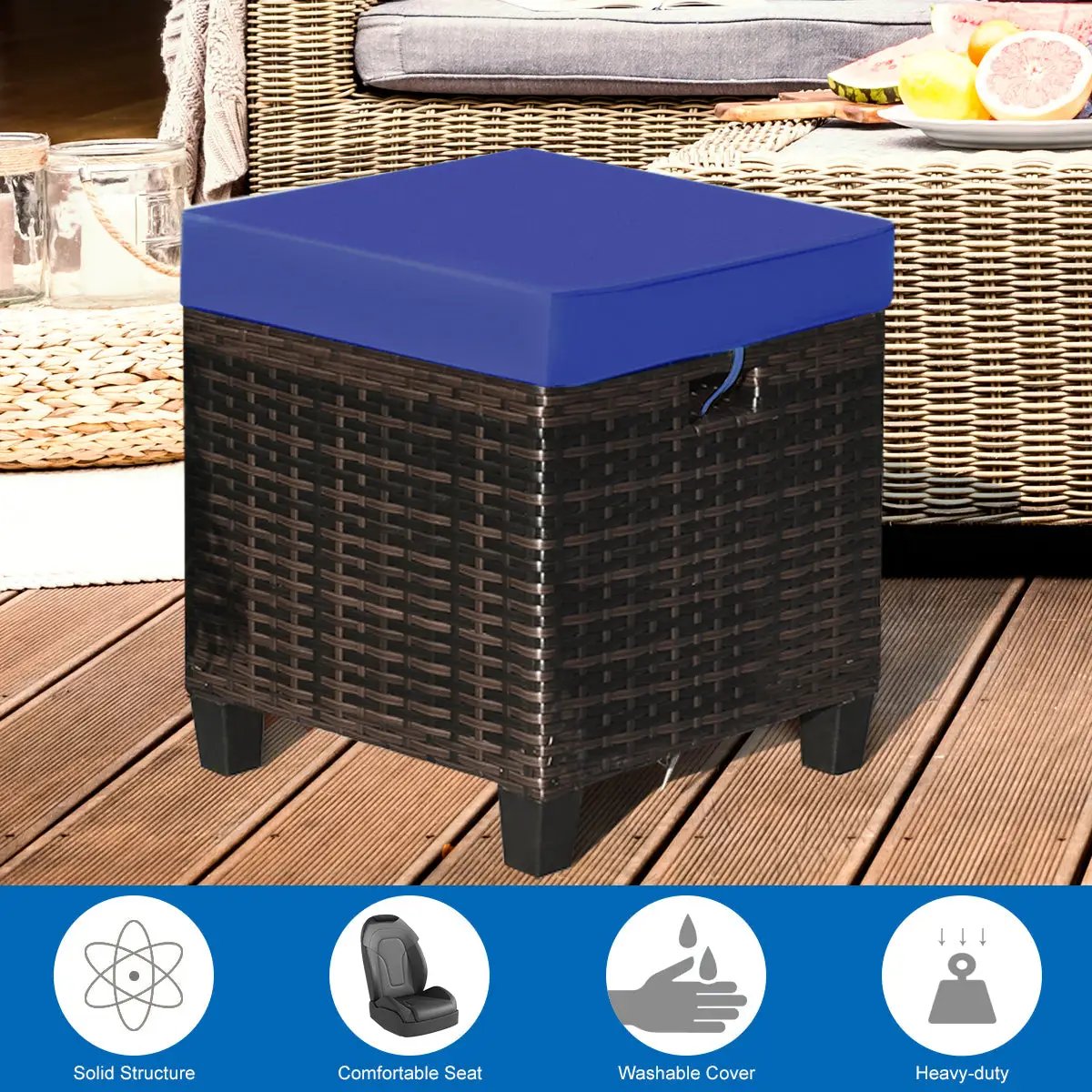 2 Pieces Patio Rattan Ottoman Set with Removable Cushions by DirectDeals