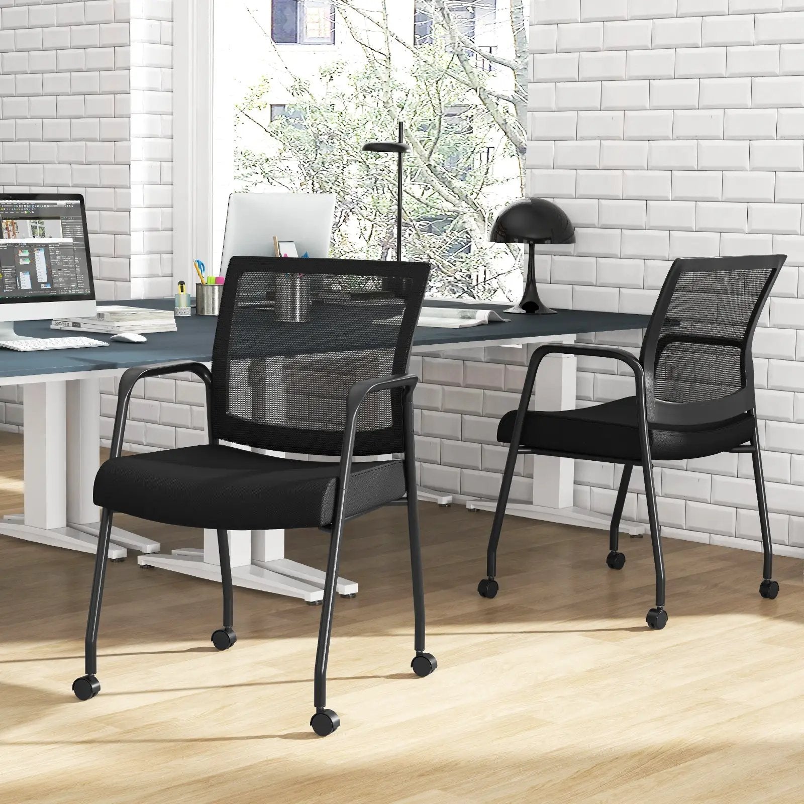 2 Pieces Office Guest Chairs on Wheels with Metal Frame and Armrests-Black by DirectDeals