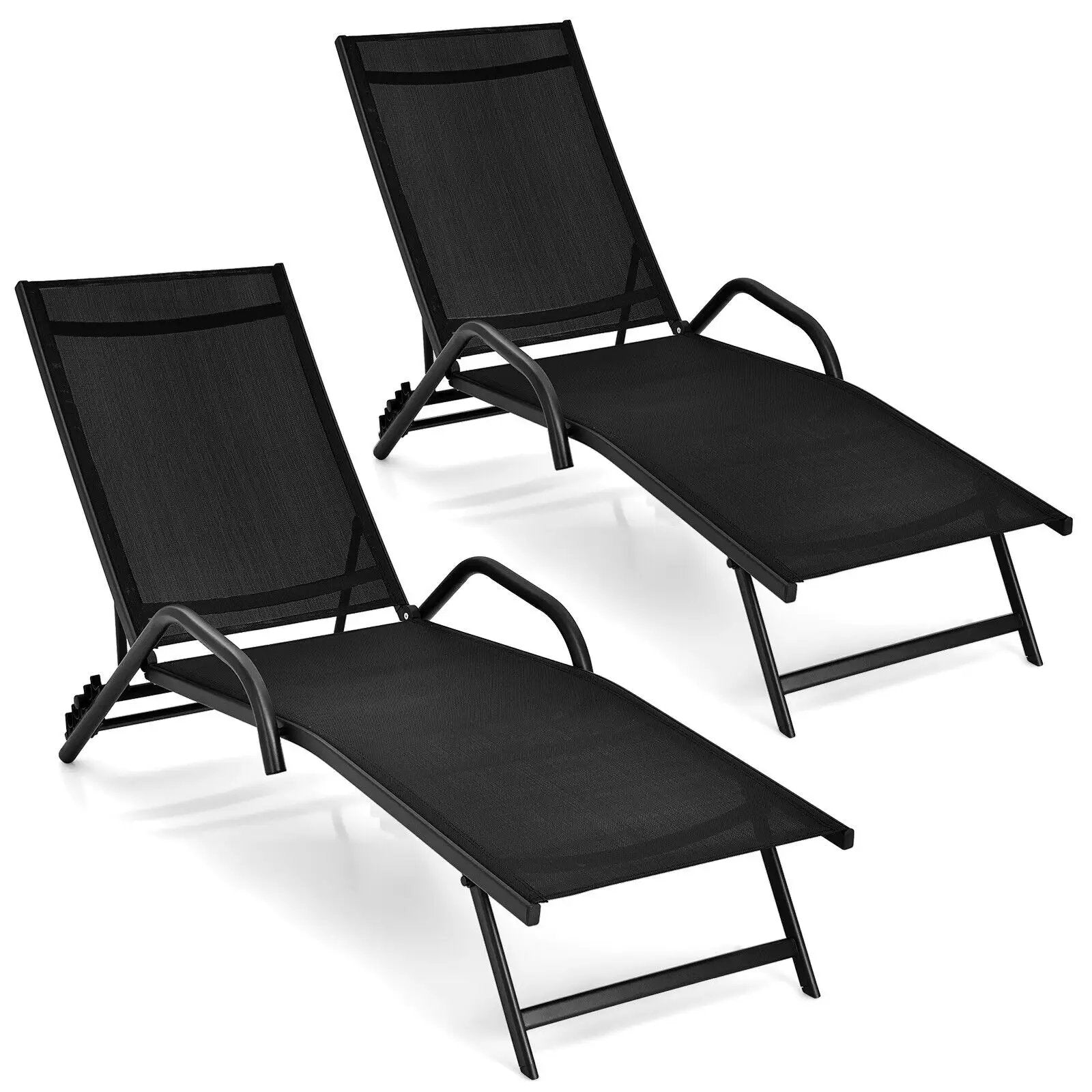 2 Pieces Outdoor Chaise Lounge with 5-Position Adjustable Backrest-Black by DirectDeals