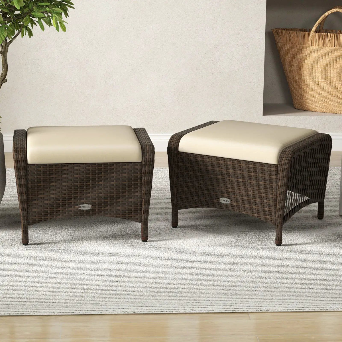 Set of 2 Outdoor Patio PE Wicker Ottomans with Removable Cushions by DirectDeals