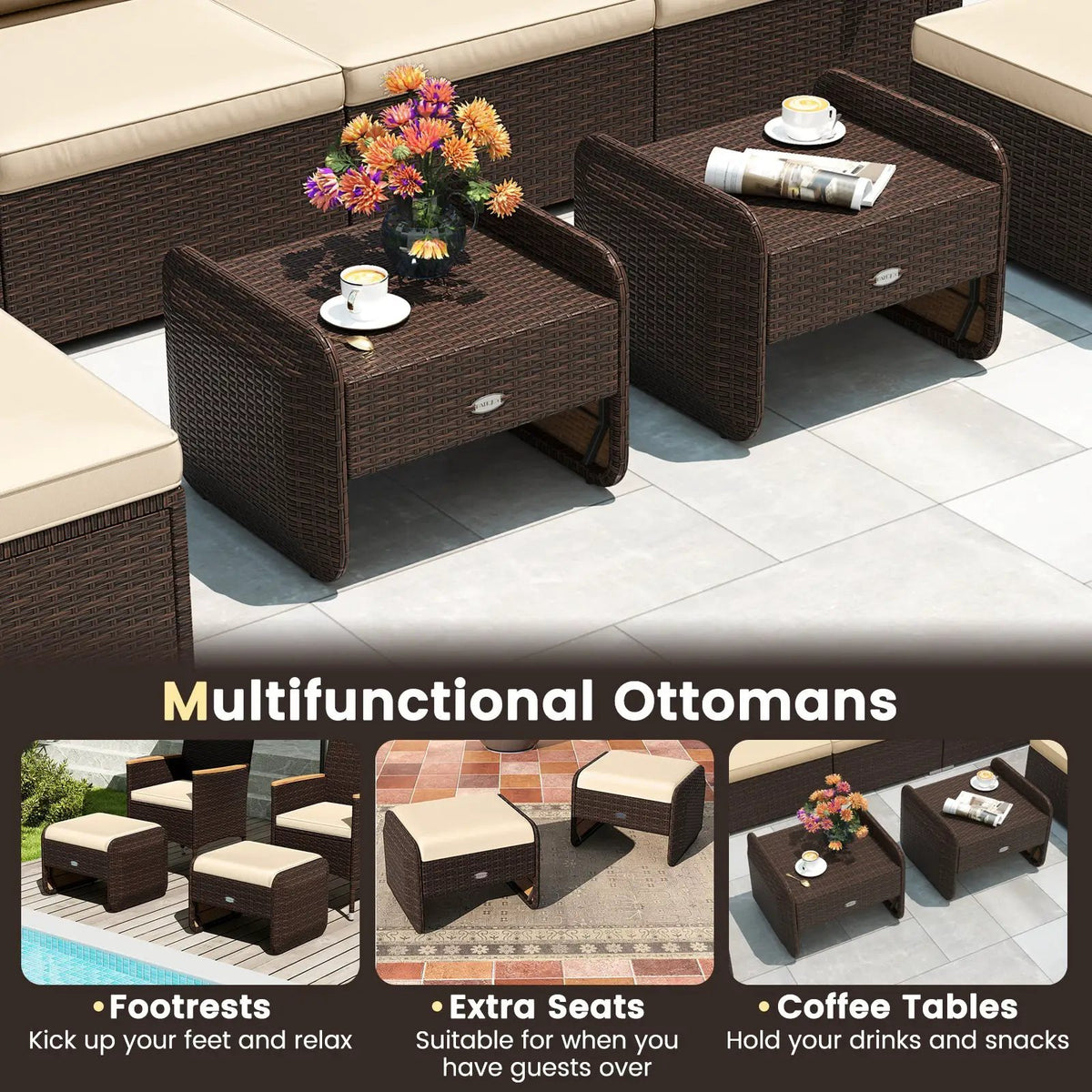 2 Pieces Outdoor Patio PE Wicker Ottomans with Removable Cushions by DirectDeals