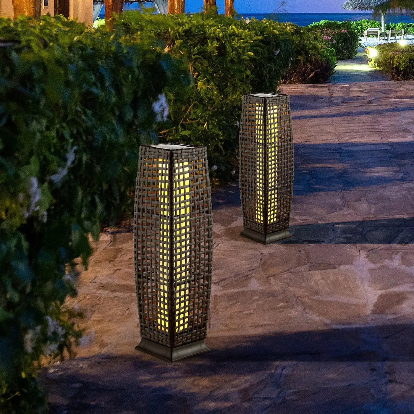 2 Pieces Solar-Powered Square Wicker Floor Lamps with Auto LED Light by DirectDeals