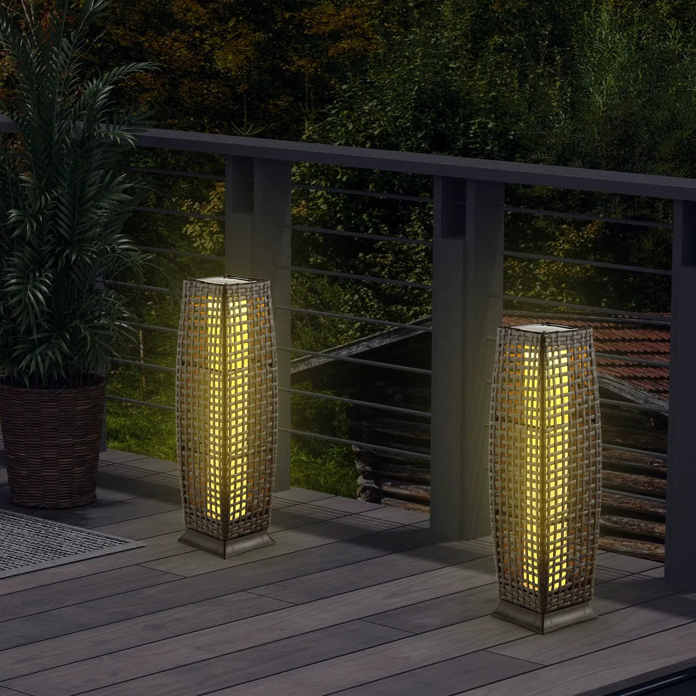 2 Pieces Solar-Powered Square Wicker Floor Lamps with Auto LED Light by DirectDeals