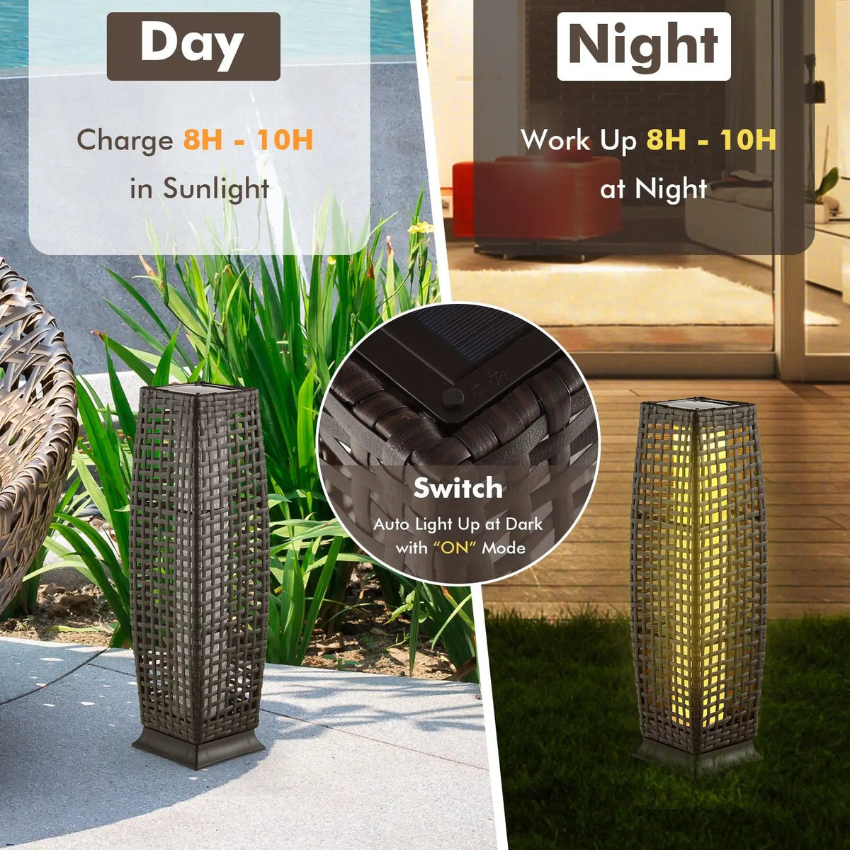 2 Pieces Solar-Powered Square Wicker Floor Lamps with Auto LED Light by DirectDeals