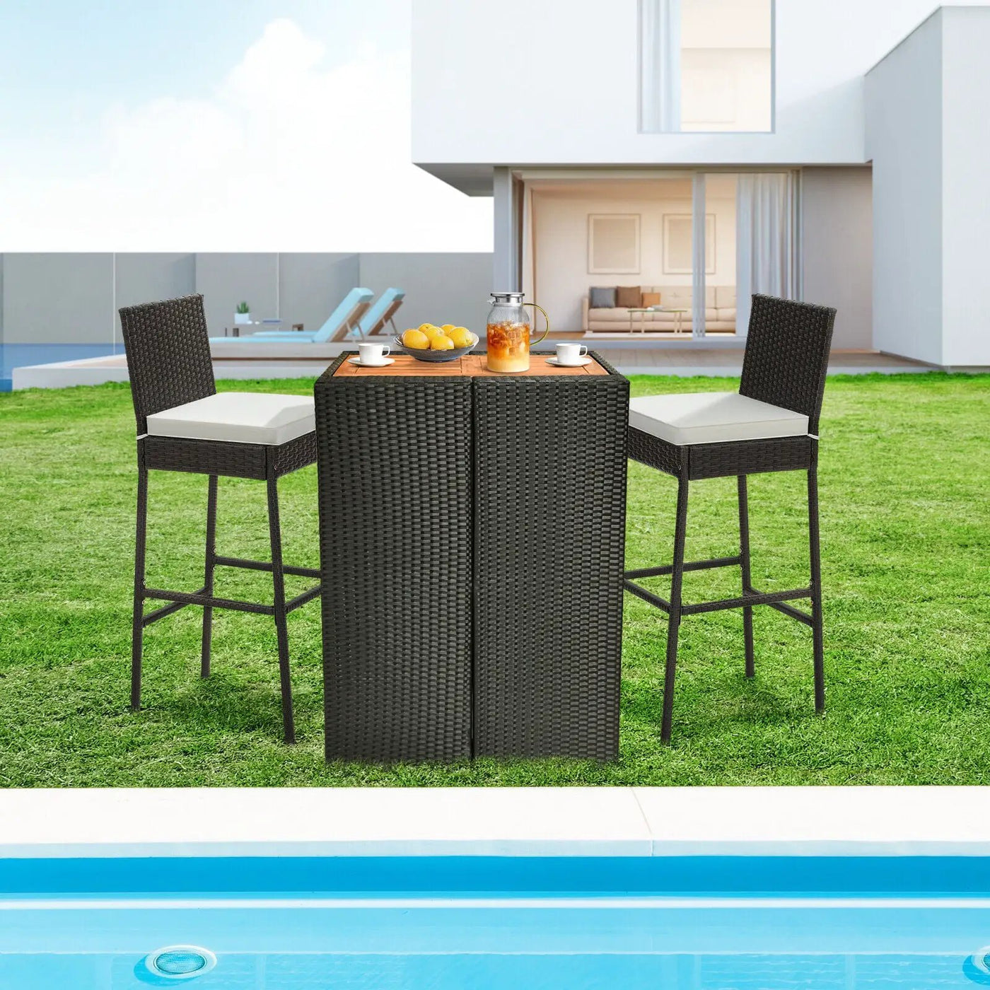 2 Pieces Patio Cushioned Wicker Barstools with Cozy Footrest by DirectDeals