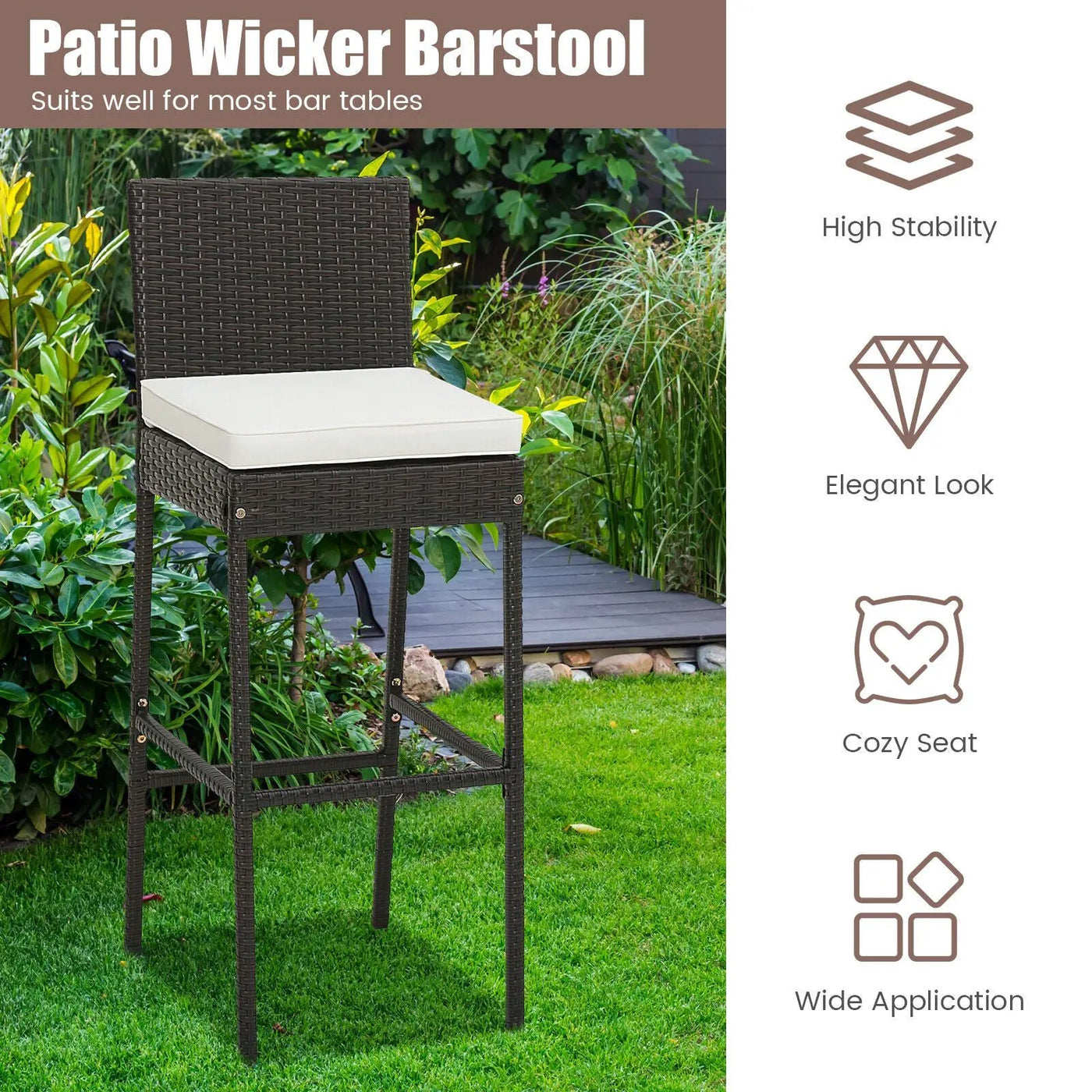 2 Pieces Patio Cushioned Wicker Barstools with Cozy Footrest by DirectDeals