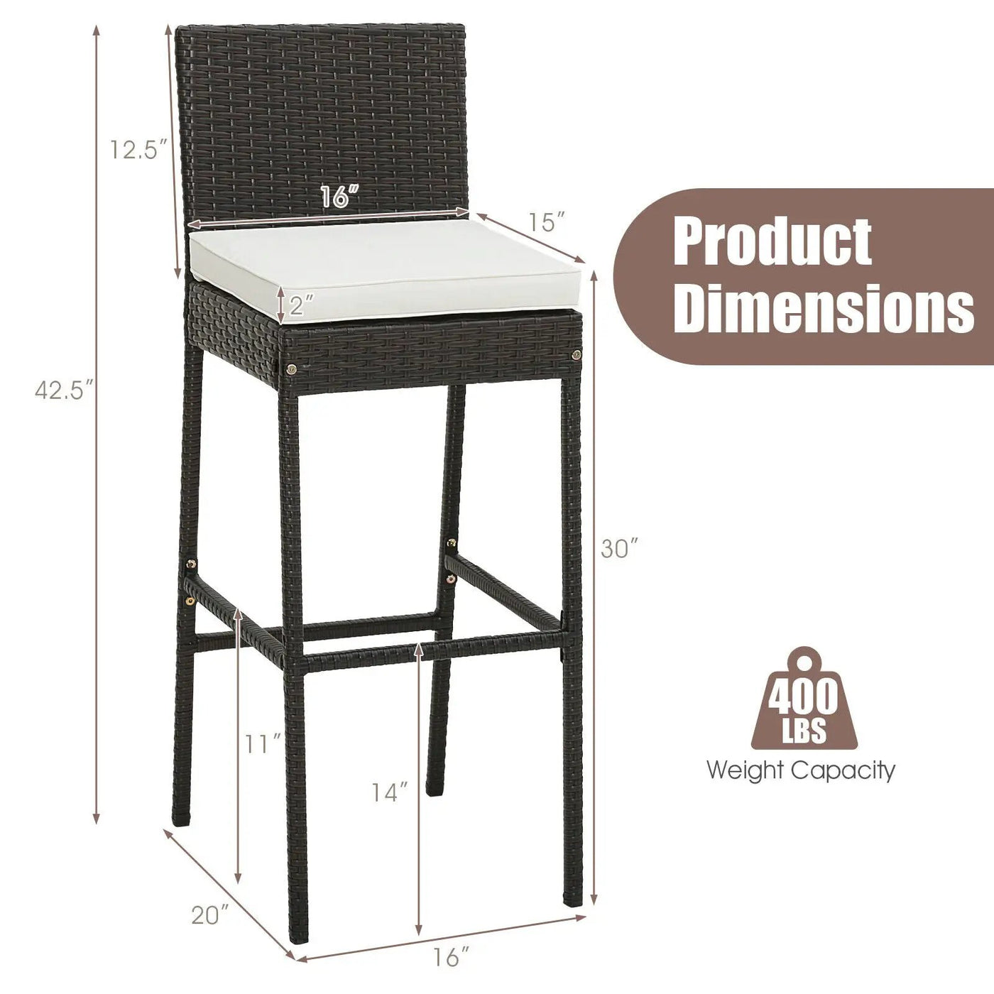 2 Pieces Patio Cushioned Wicker Barstools with Cozy Footrest by DirectDeals