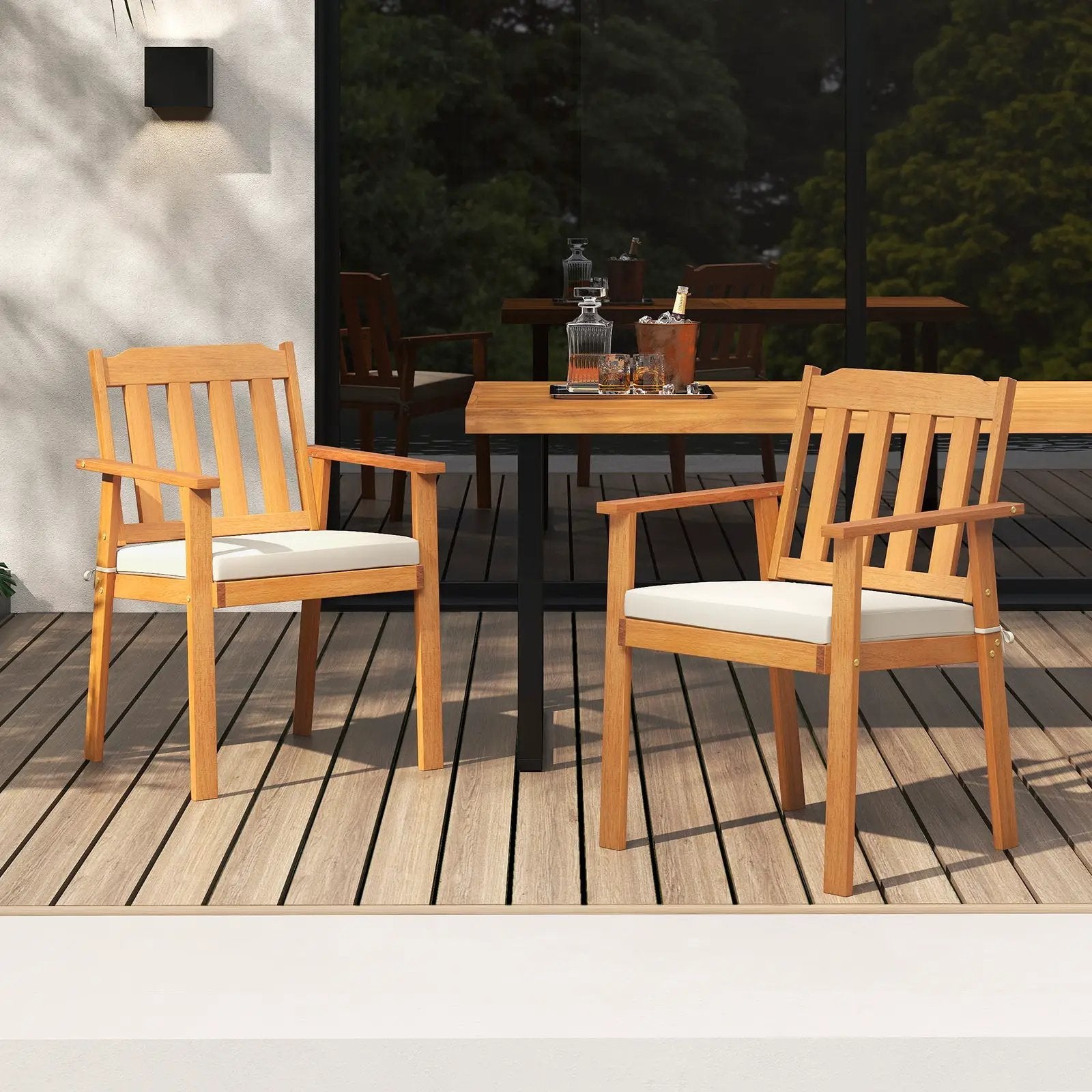 2 Pieces Patio Dining Chairs Outdoor Acacia Wood Chairs-White by DirectDeals