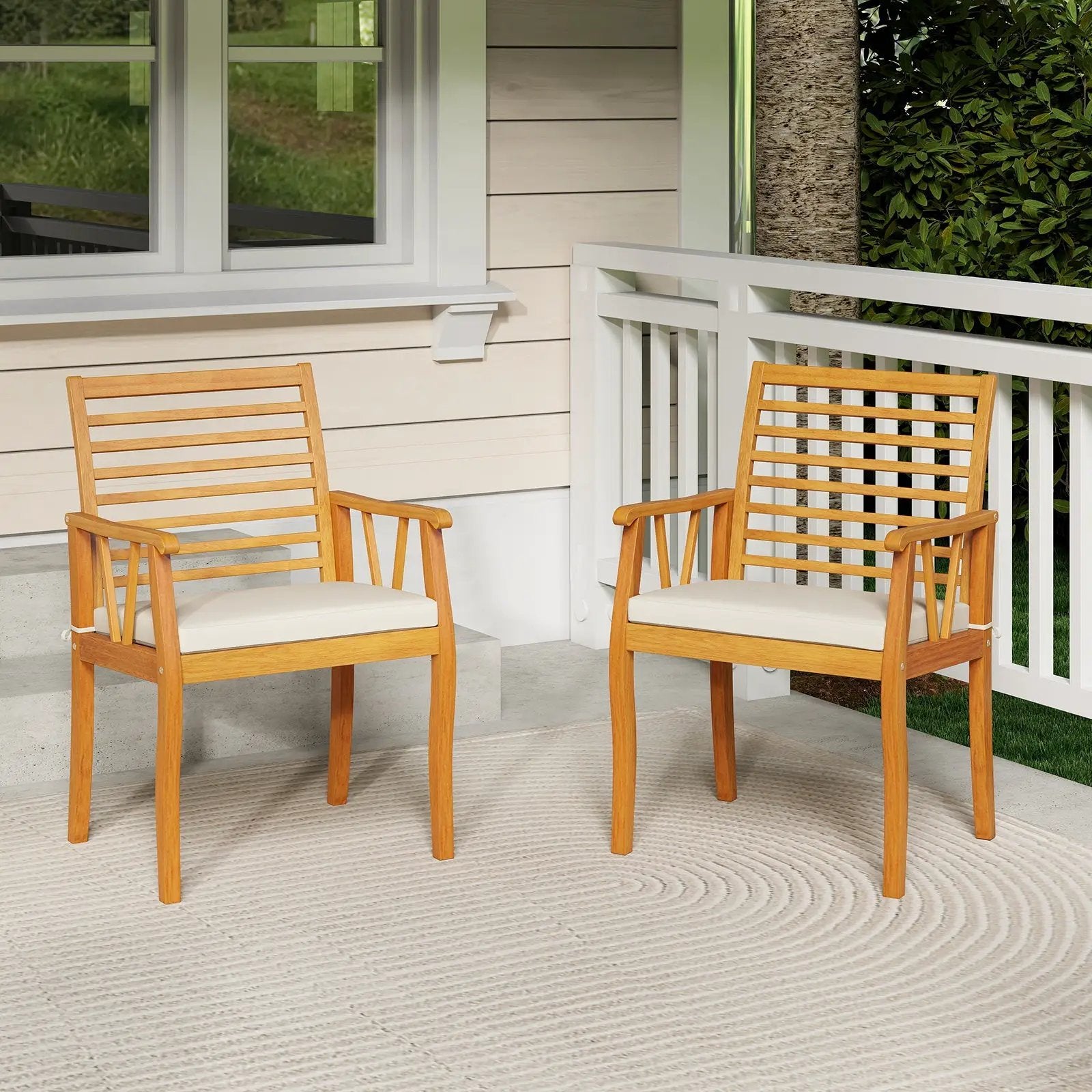 2 Pieces Patio Dining Chairs Outdoor Acacia Wood Armchairs Bistro Conversation Furniture-White by DirectDeals