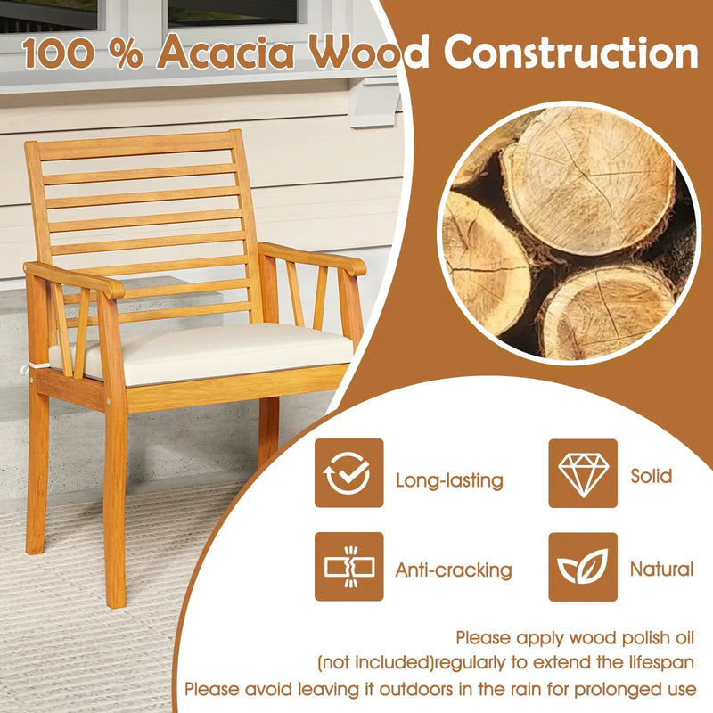 2 Pieces Patio Dining Chairs Outdoor Acacia Wood Armchairs Bistro Conversation Furniture-White by DirectDeals