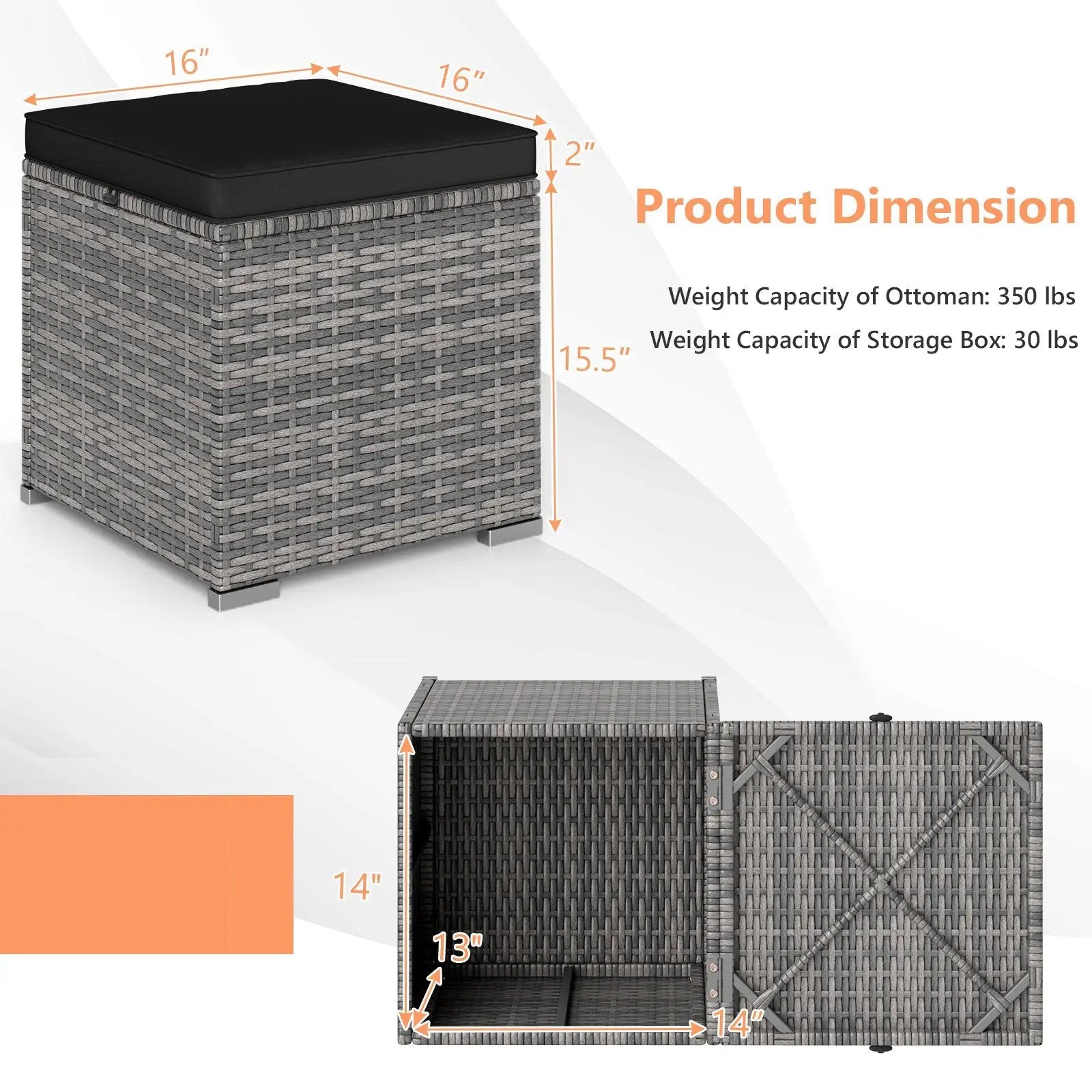 2 Pieces Patio Ottoman with Hidden Storage Space-Mix Grey by DirectDeals