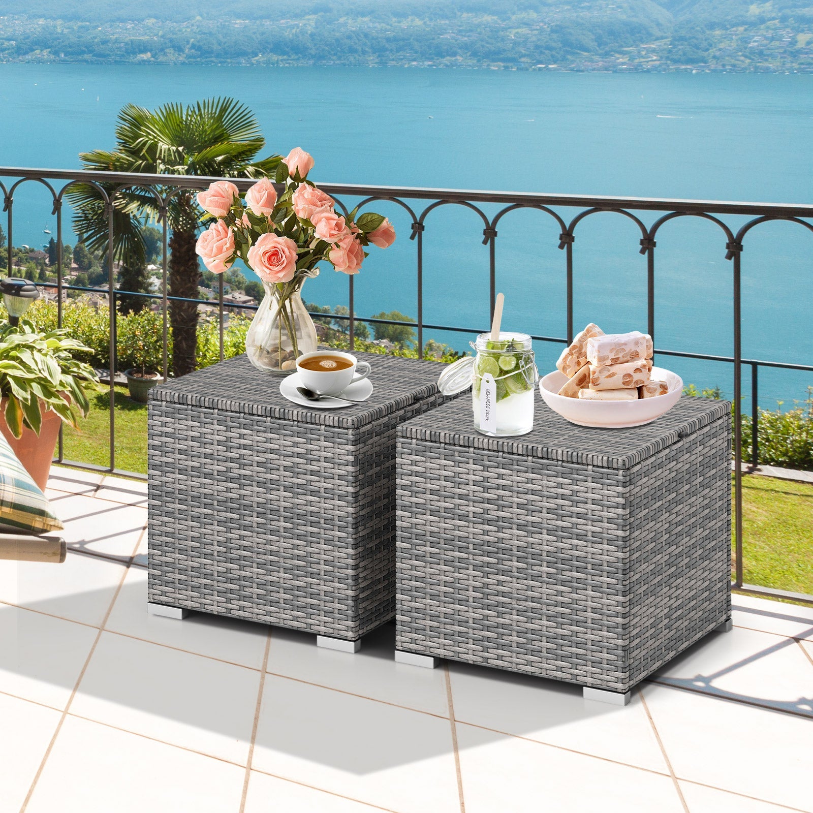 2 Pieces Patio Ottoman with Hidden Storage Space-Mix Grey by DirectDeals