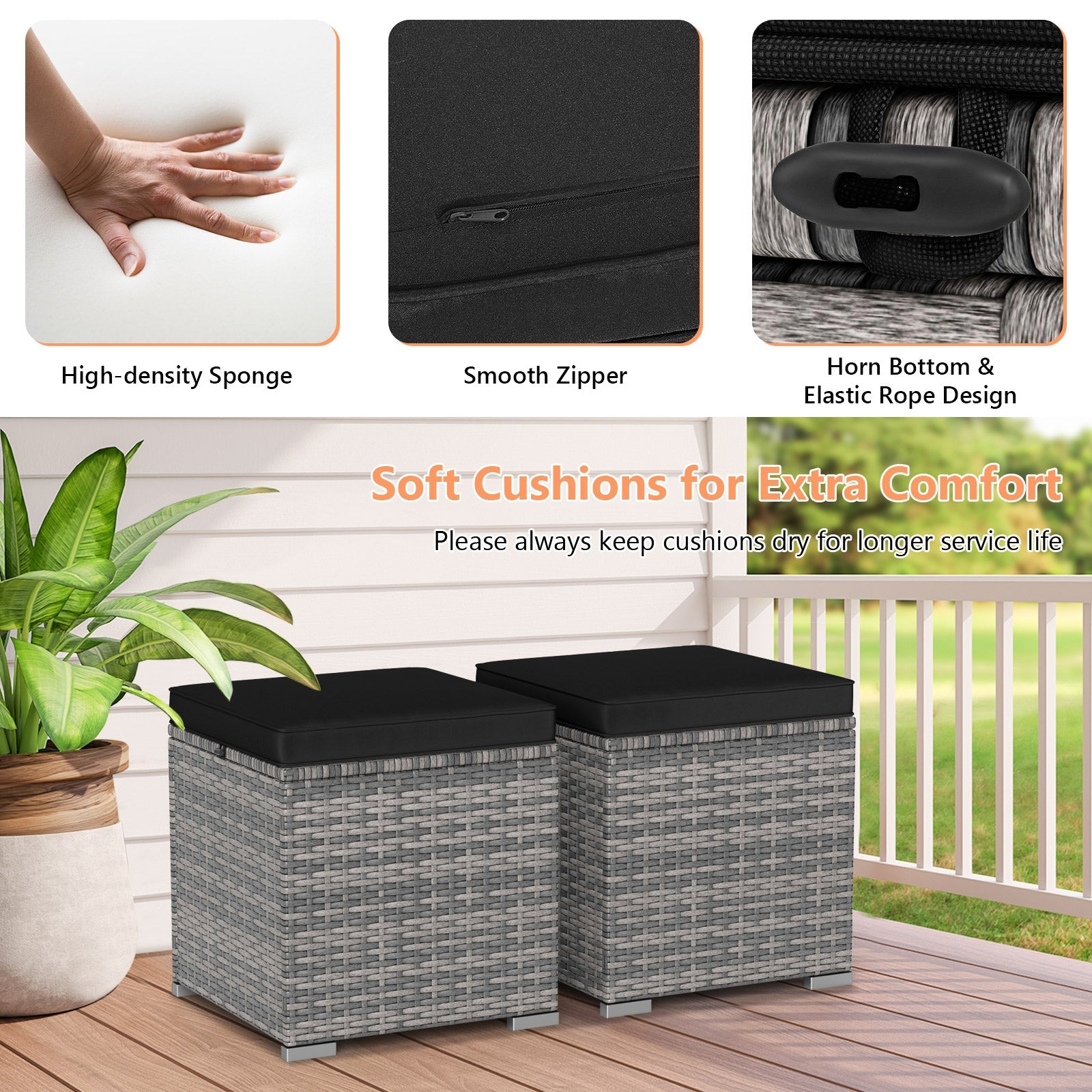 2 Pieces Patio Ottoman with Hidden Storage Space-Mix Grey by DirectDeals