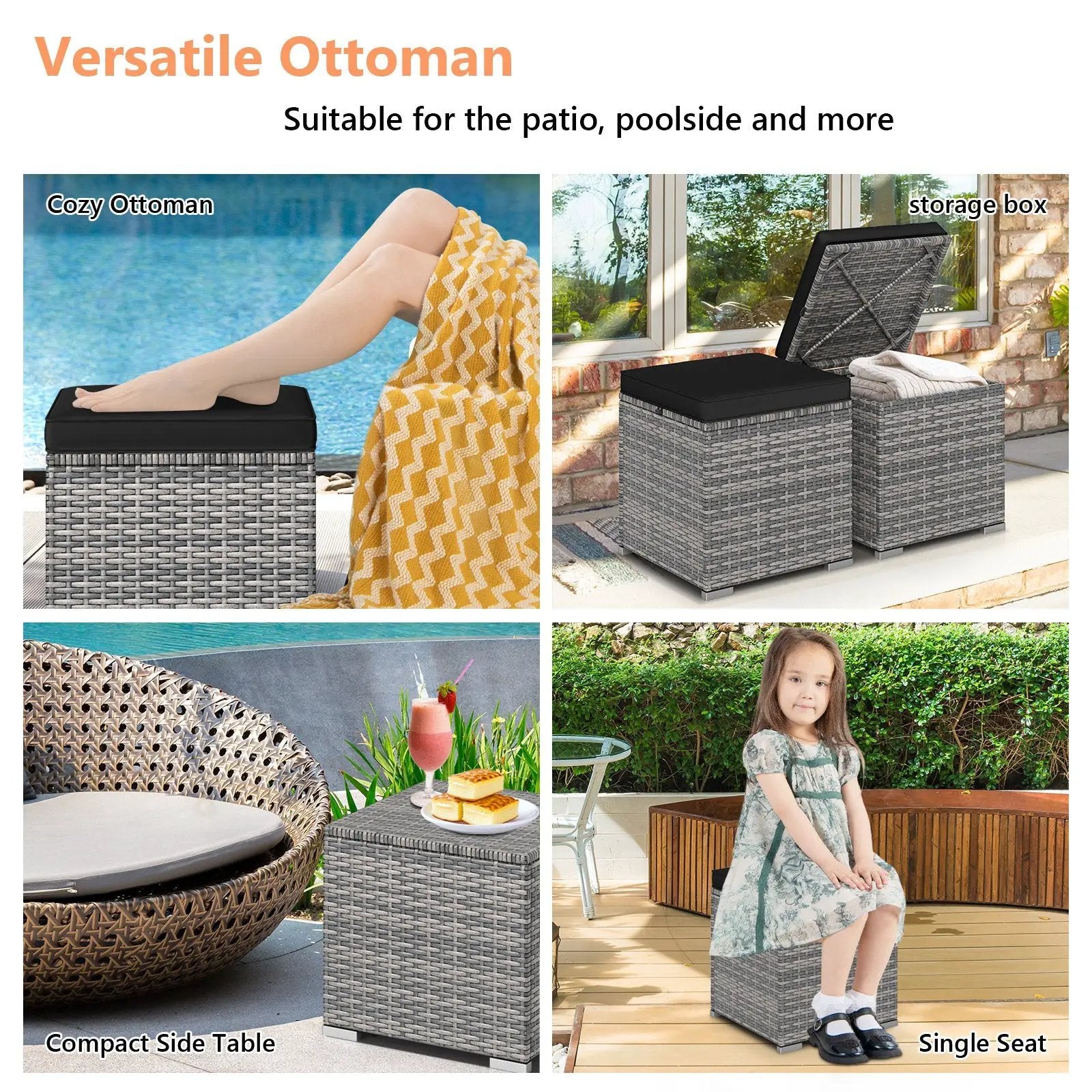 2 Pieces Patio Ottoman with Hidden Storage Space-Mix Grey by DirectDeals
